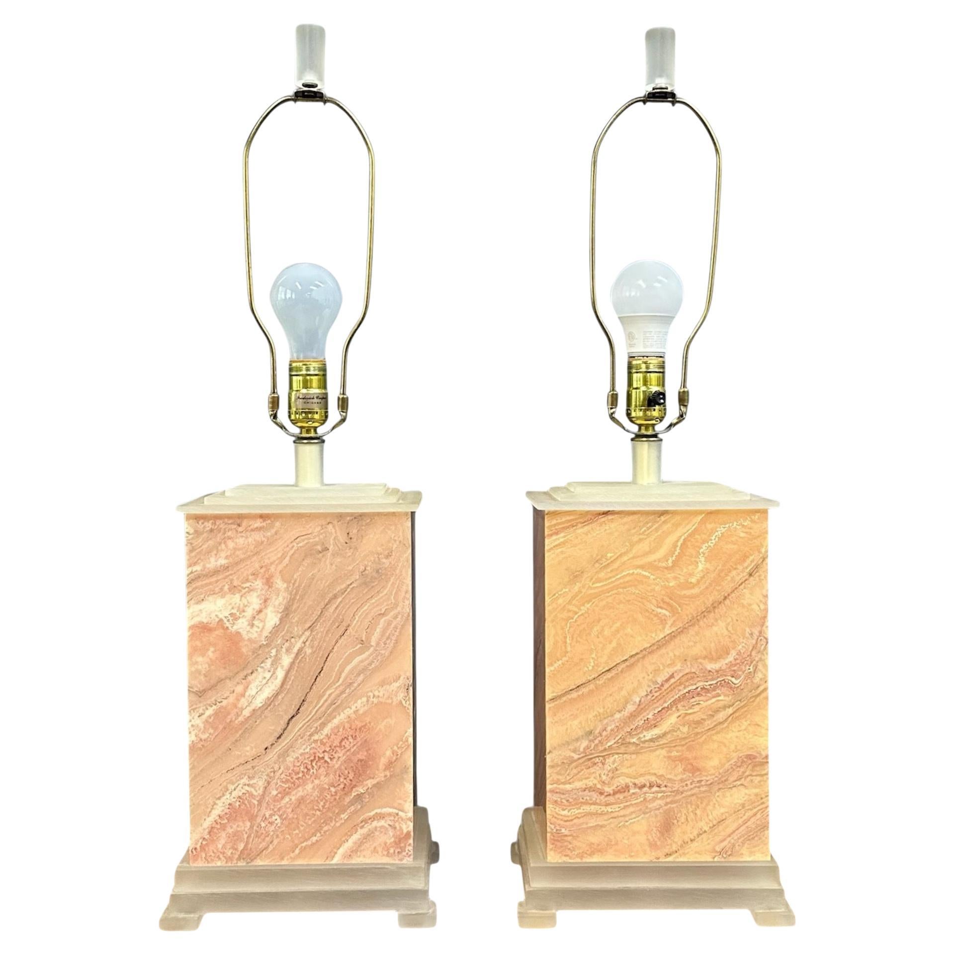 Pair of Faux Marble Table Lamps by Frederick Cooper, 1990 with Brushed Acrylic en venta