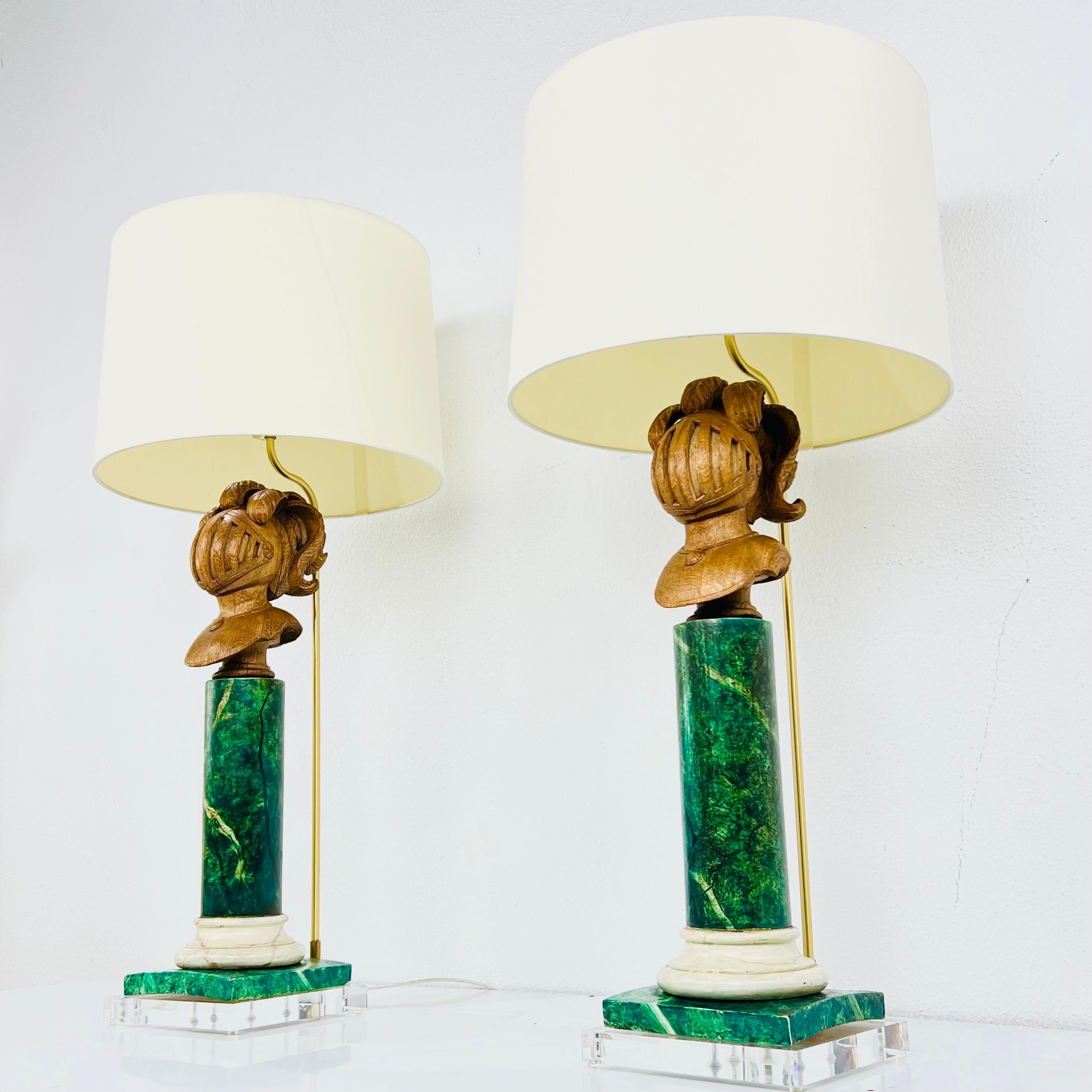 Pair of Faux Marble Wood Lamps on Lucite Bases For Sale 9