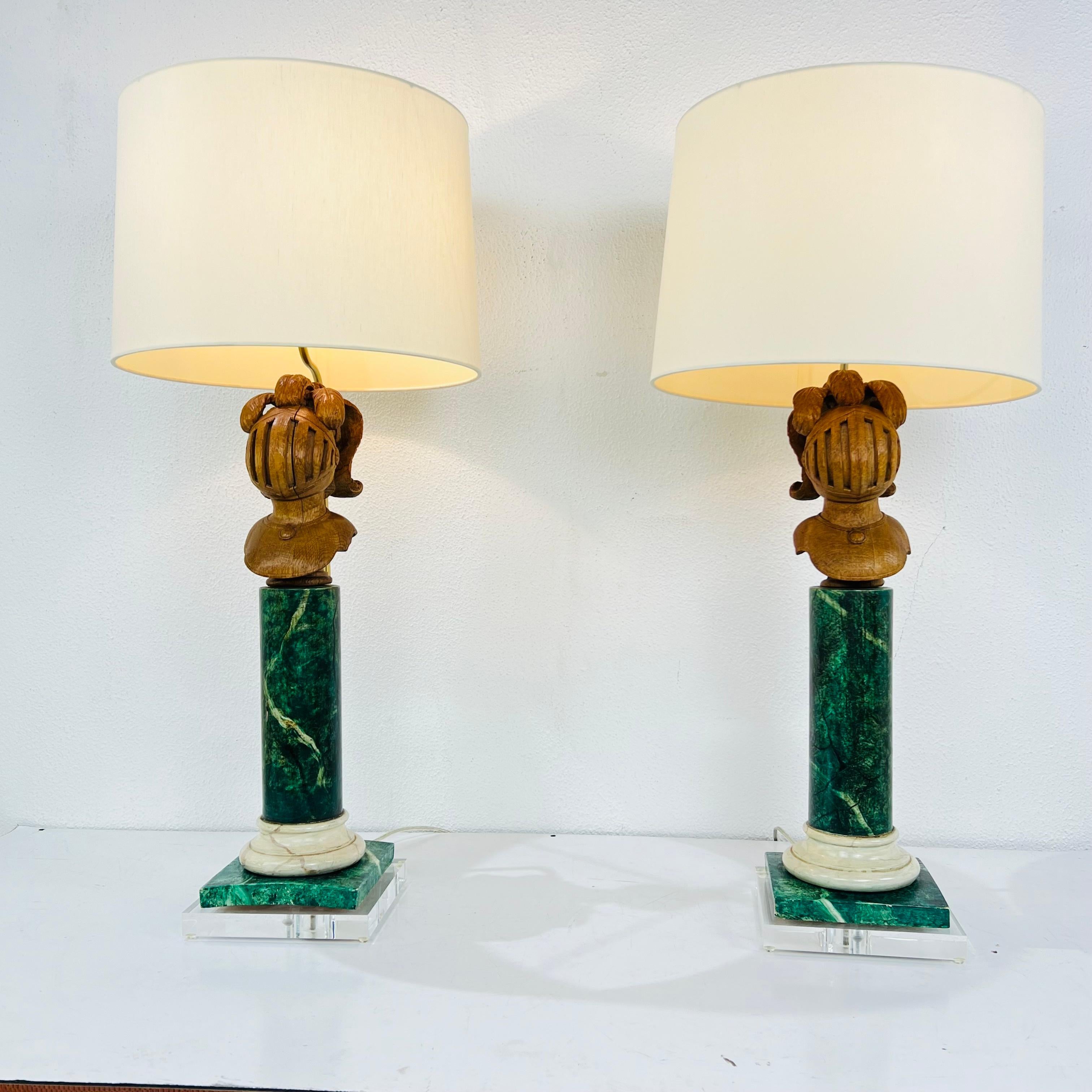 Pair of Faux Marble Wood Lamps on Lucite Bases For Sale 10