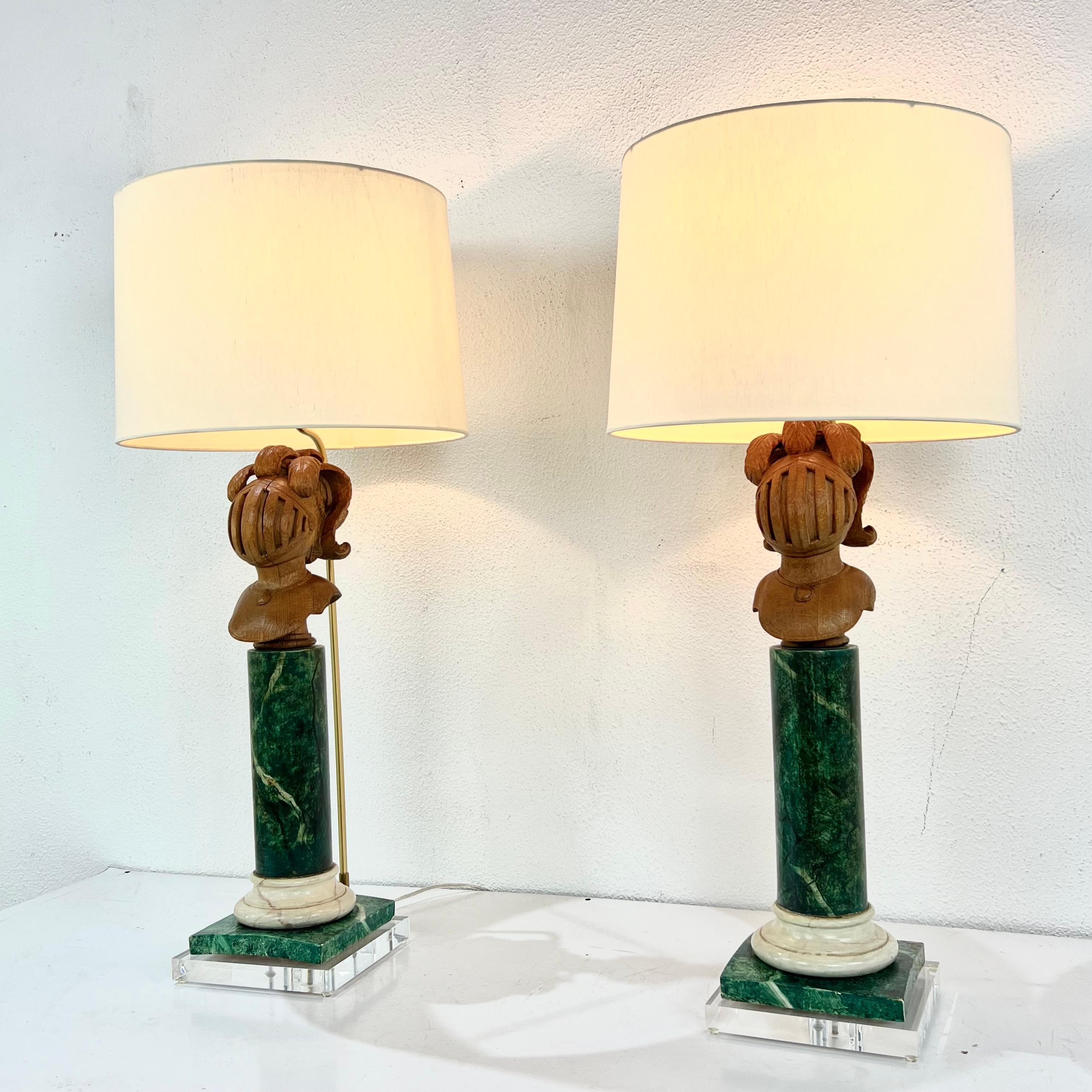 Pair of Faux Marble Wood Lamps on Lucite Bases For Sale 12