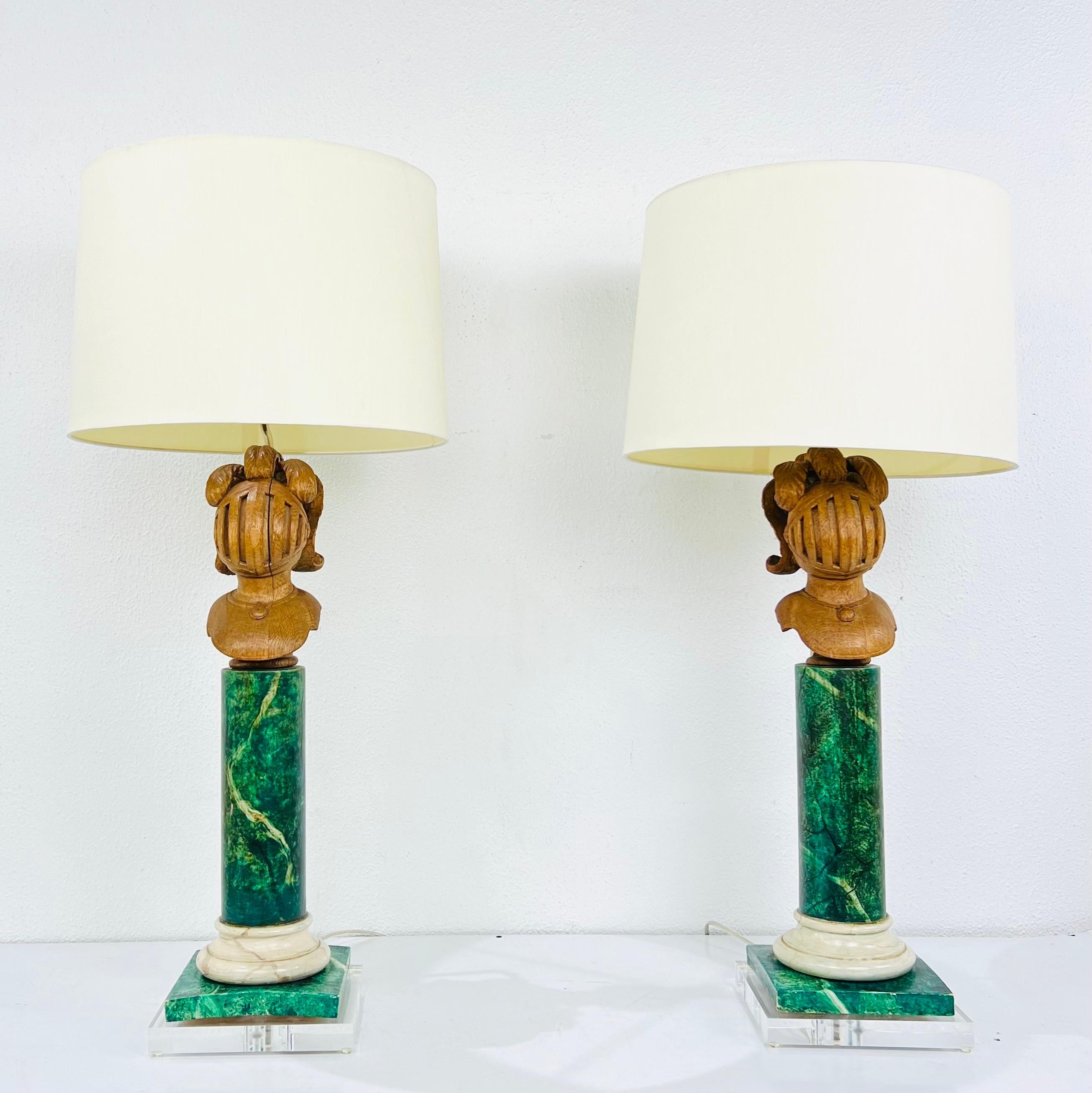 Other Pair of Faux Marble Wood Lamps on Lucite Bases For Sale