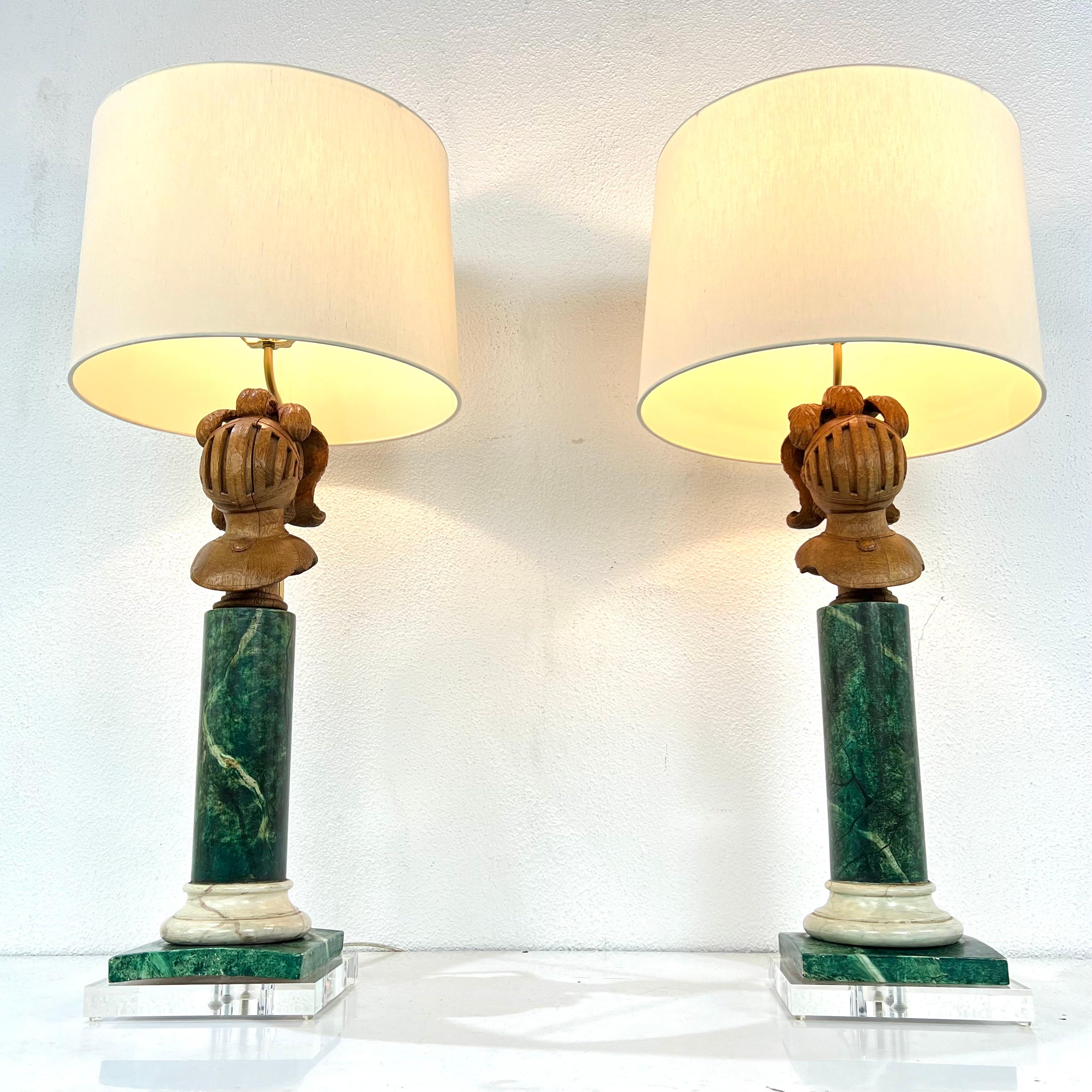 Pair of Faux Marble Wood Lamps on Lucite Bases In Good Condition For Sale In Dallas, TX