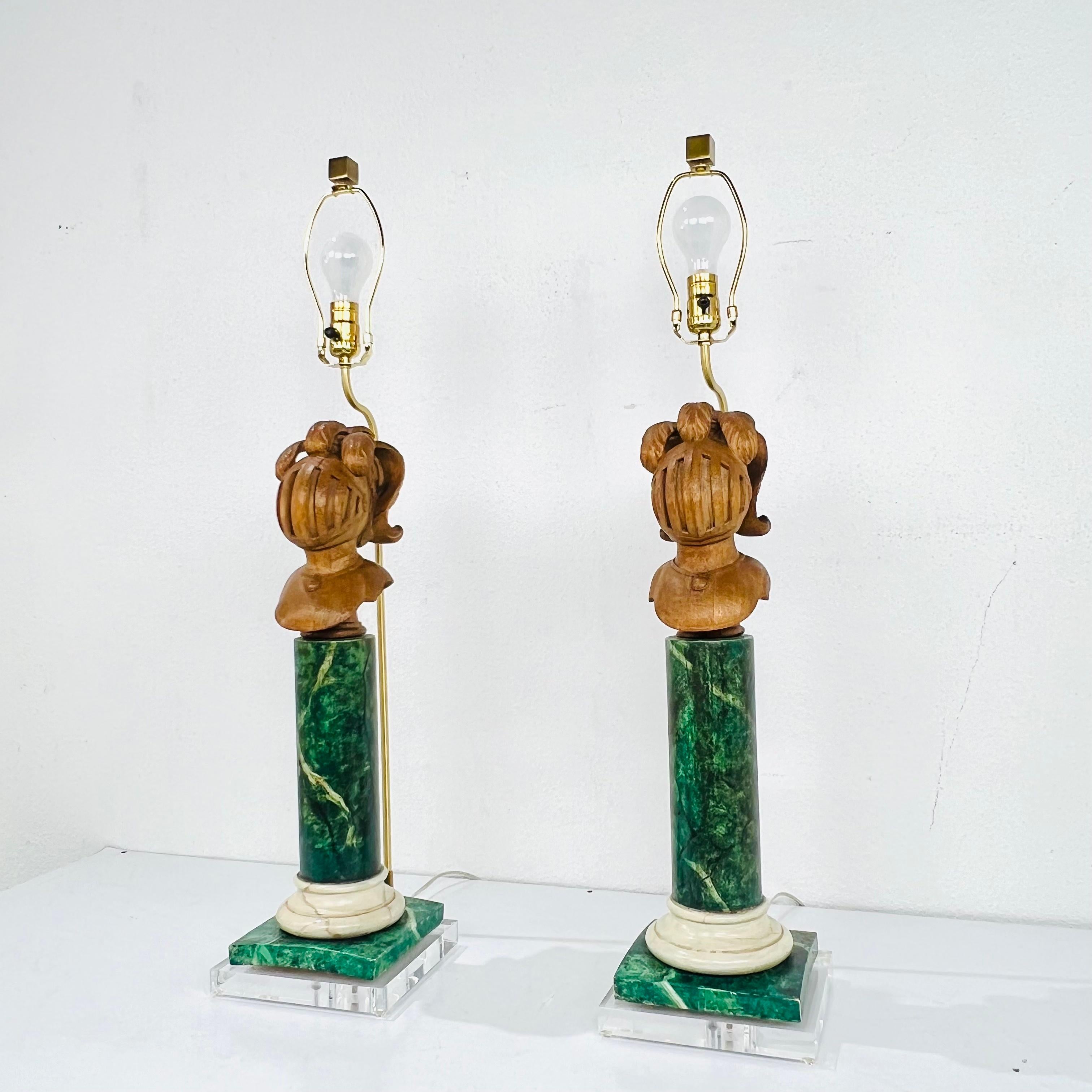 Contemporary Pair of Faux Marble Wood Lamps on Lucite Bases For Sale