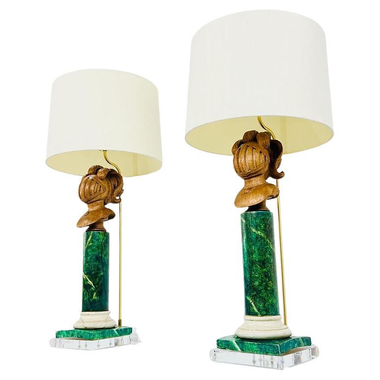 Pair of Faux Marble Wood Lamps on Lucite Bases For Sale