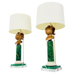 Pair of Faux Marble Wood Lamps on Lucite Bases