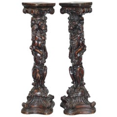 Pair of Faux Oak Heraldic Standing Lion Jardiniere Display Stands Film Props