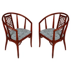 Vintage Pair of Faux Painted Asian Fretwork Barrel Chairs