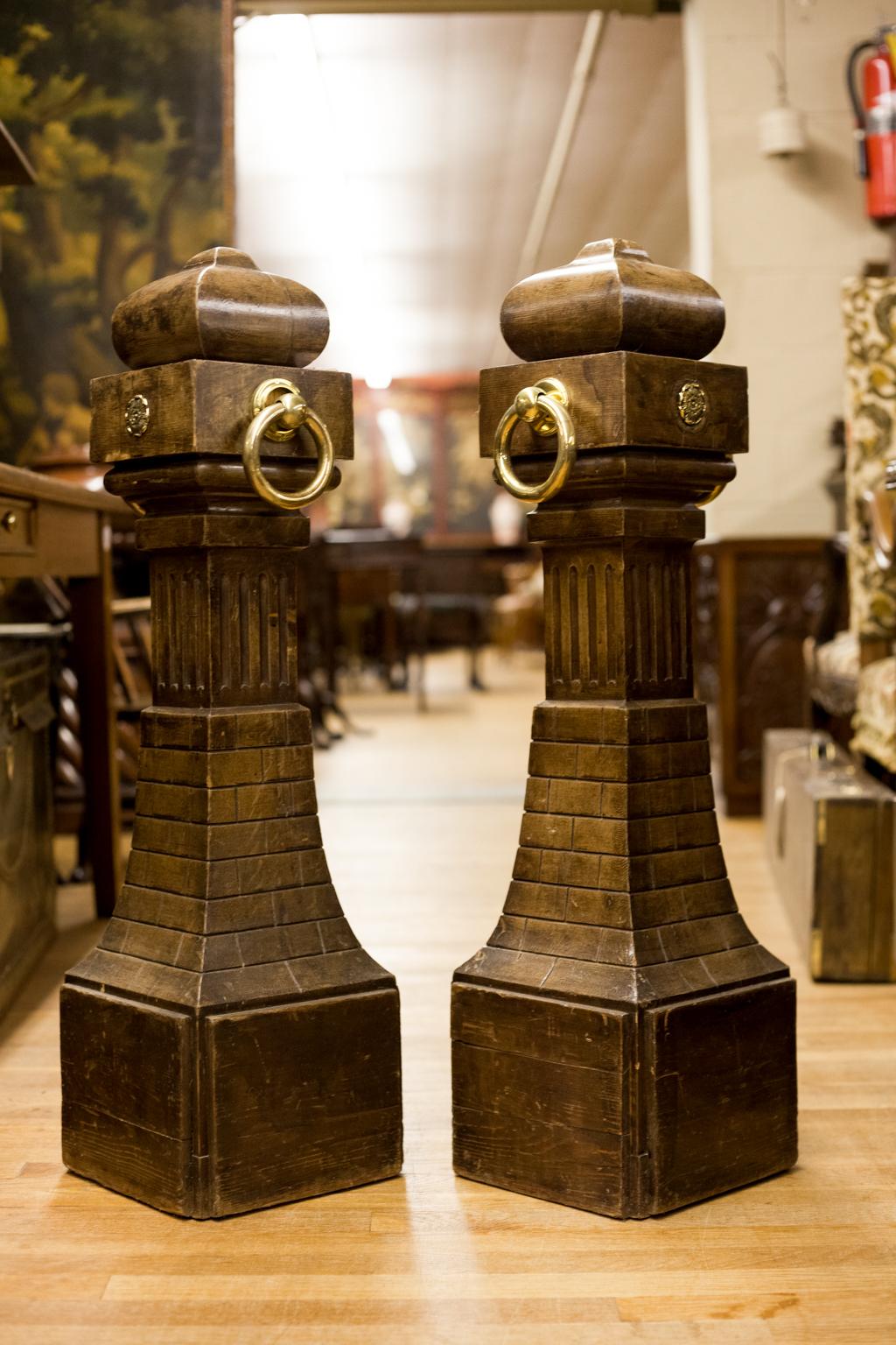 Brass Pair of Faux Painted French Pine Opera Bollards