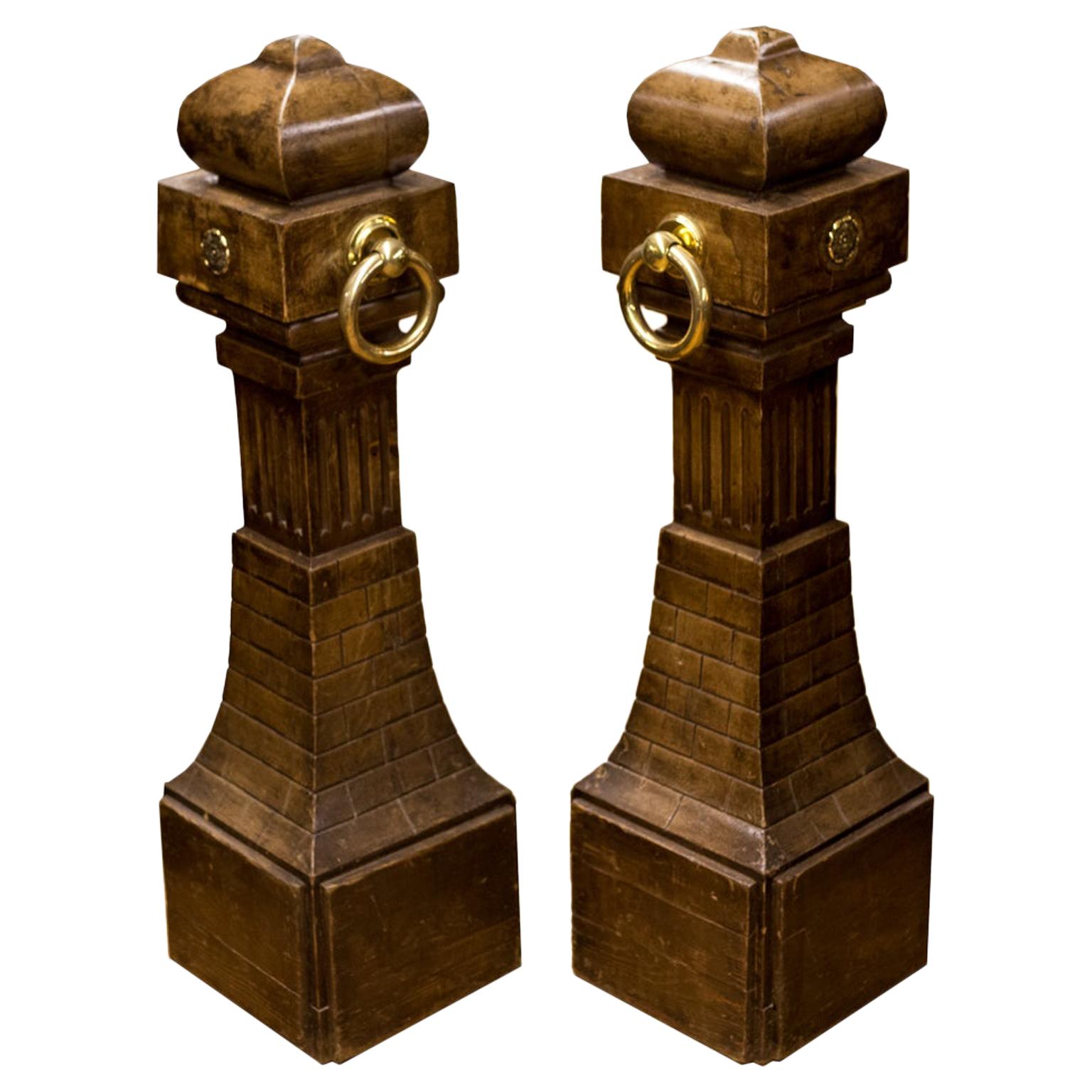 Pair of Faux Painted French Pine Opera Bollards For Sale