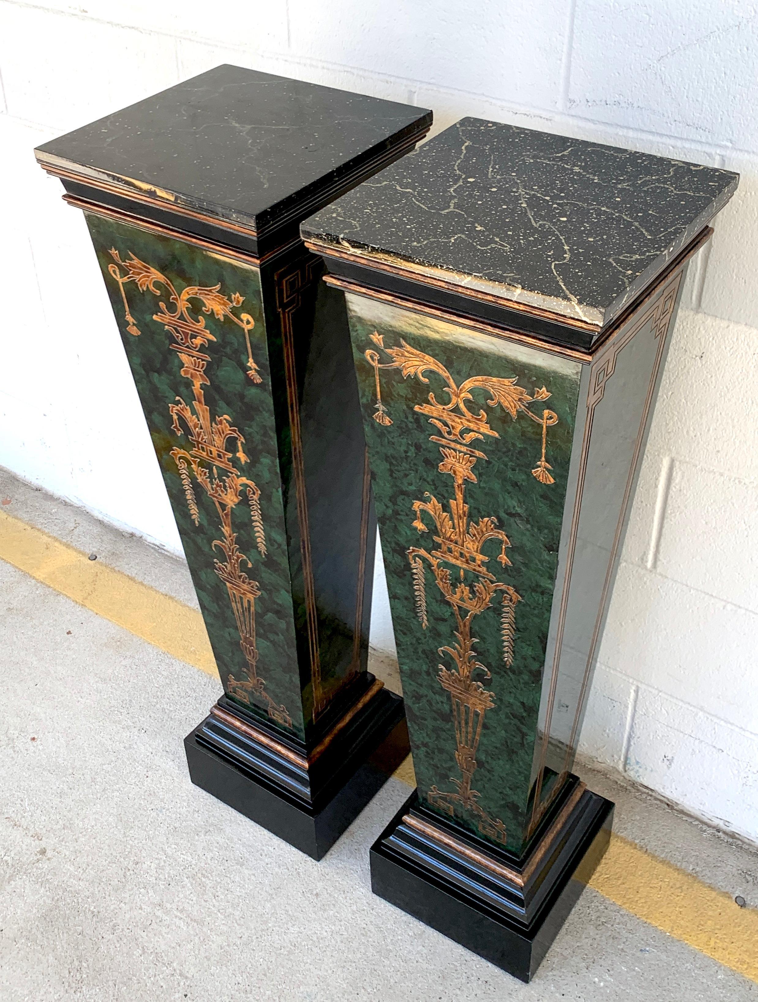 European Pair of Faux Painted Green and Gilt Neoclassical Pedestals For Sale
