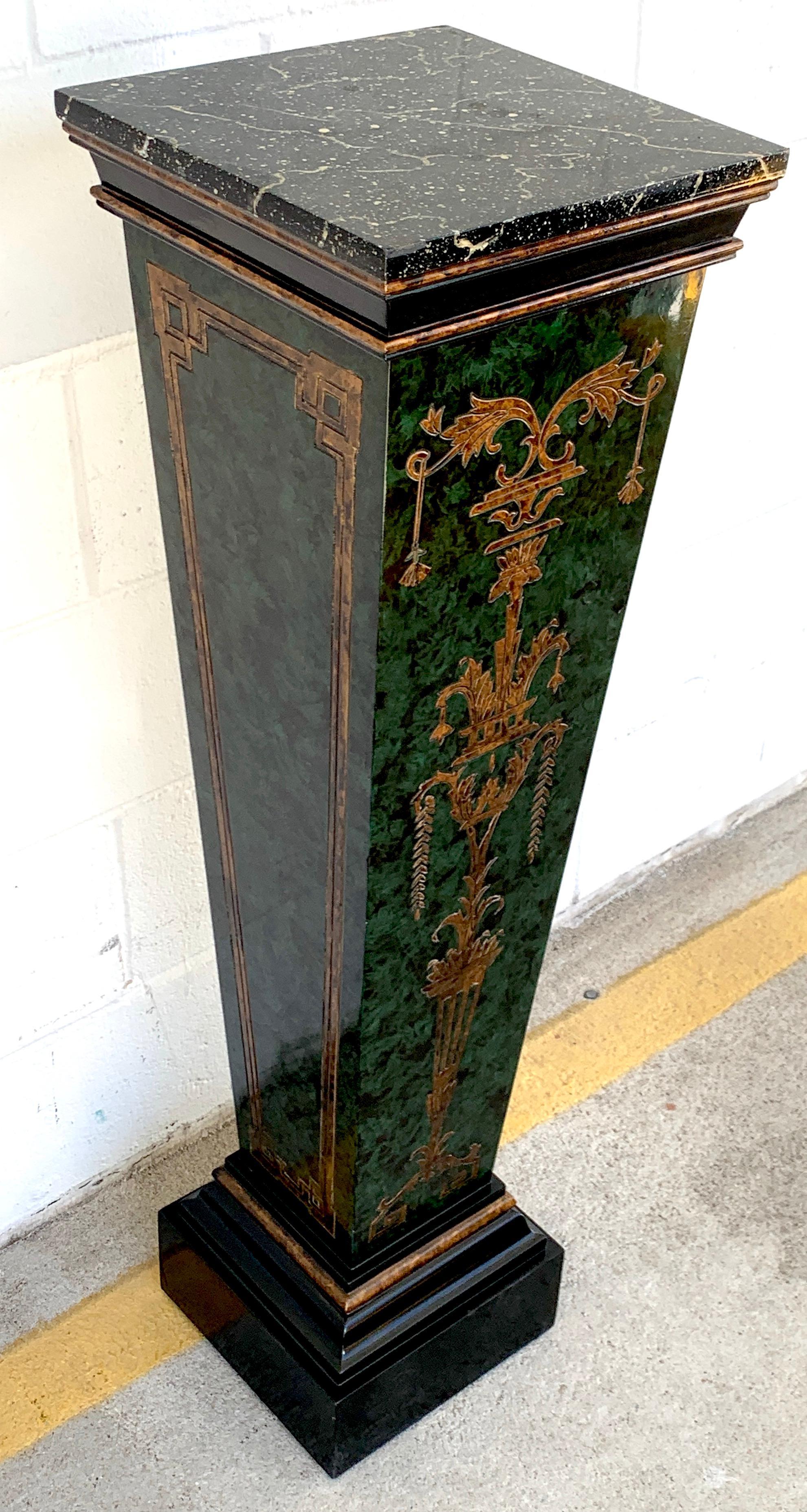 Pair of Faux Painted Green and Gilt Neoclassical Pedestals In Good Condition For Sale In West Palm Beach, FL