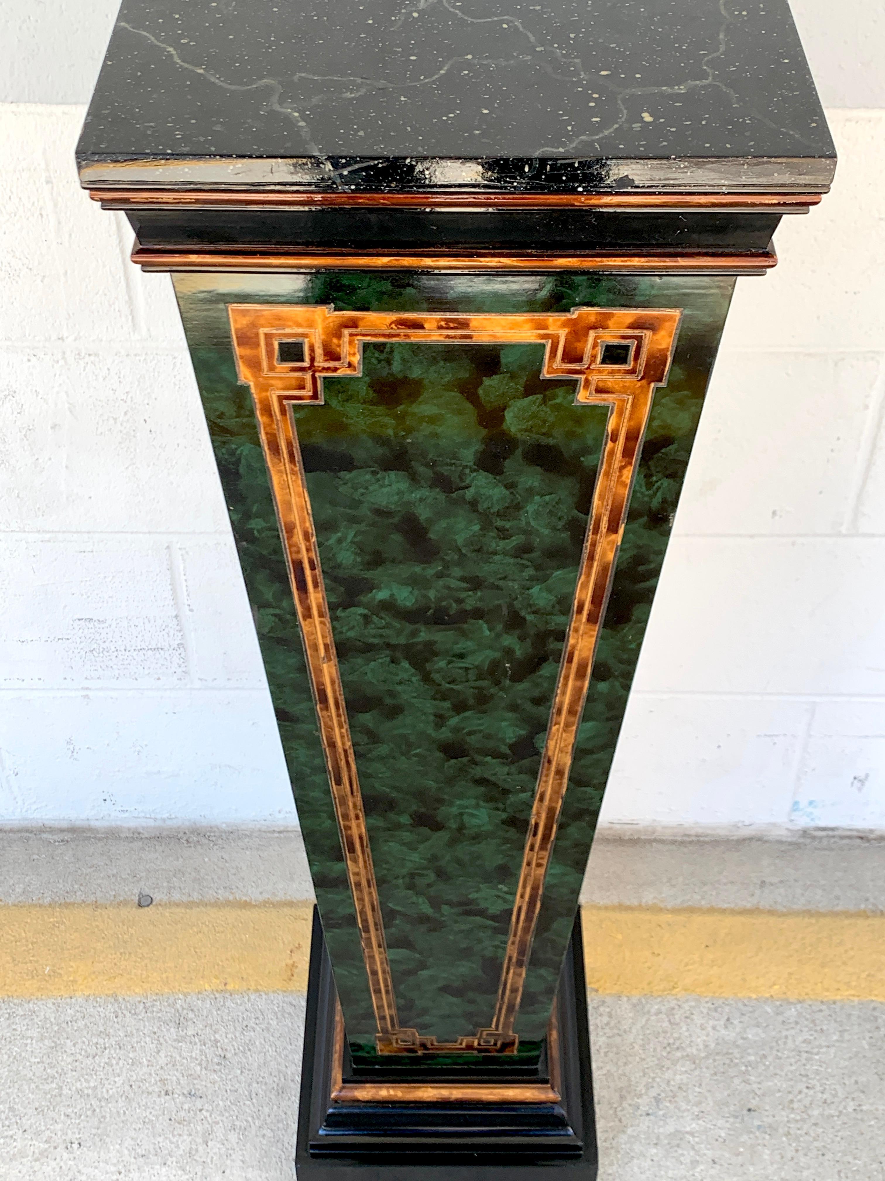 20th Century Pair of Faux Painted Green and Gilt Neoclassical Pedestals For Sale