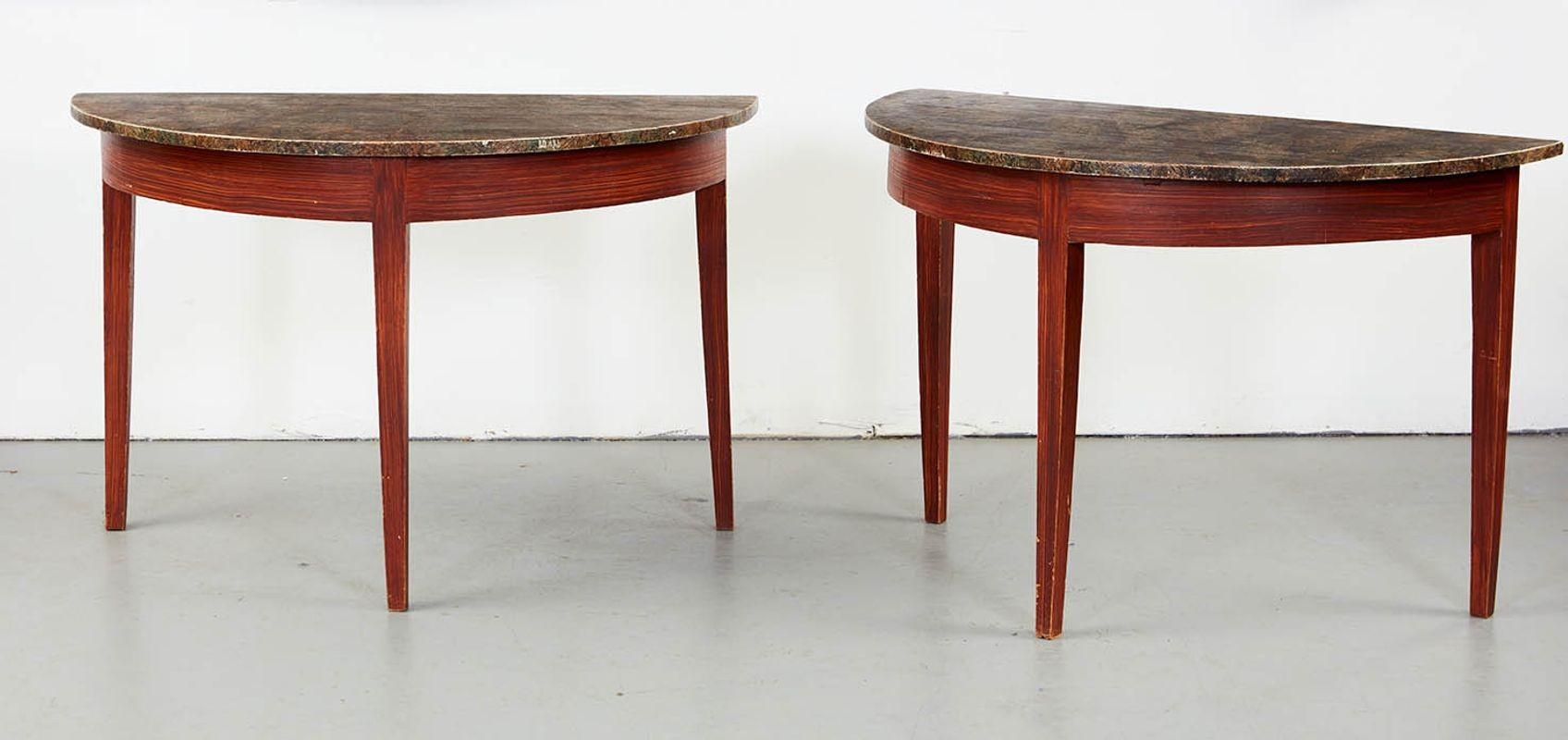 Gustavian Pair of Faux Painted Swedish Demilune Tables For Sale