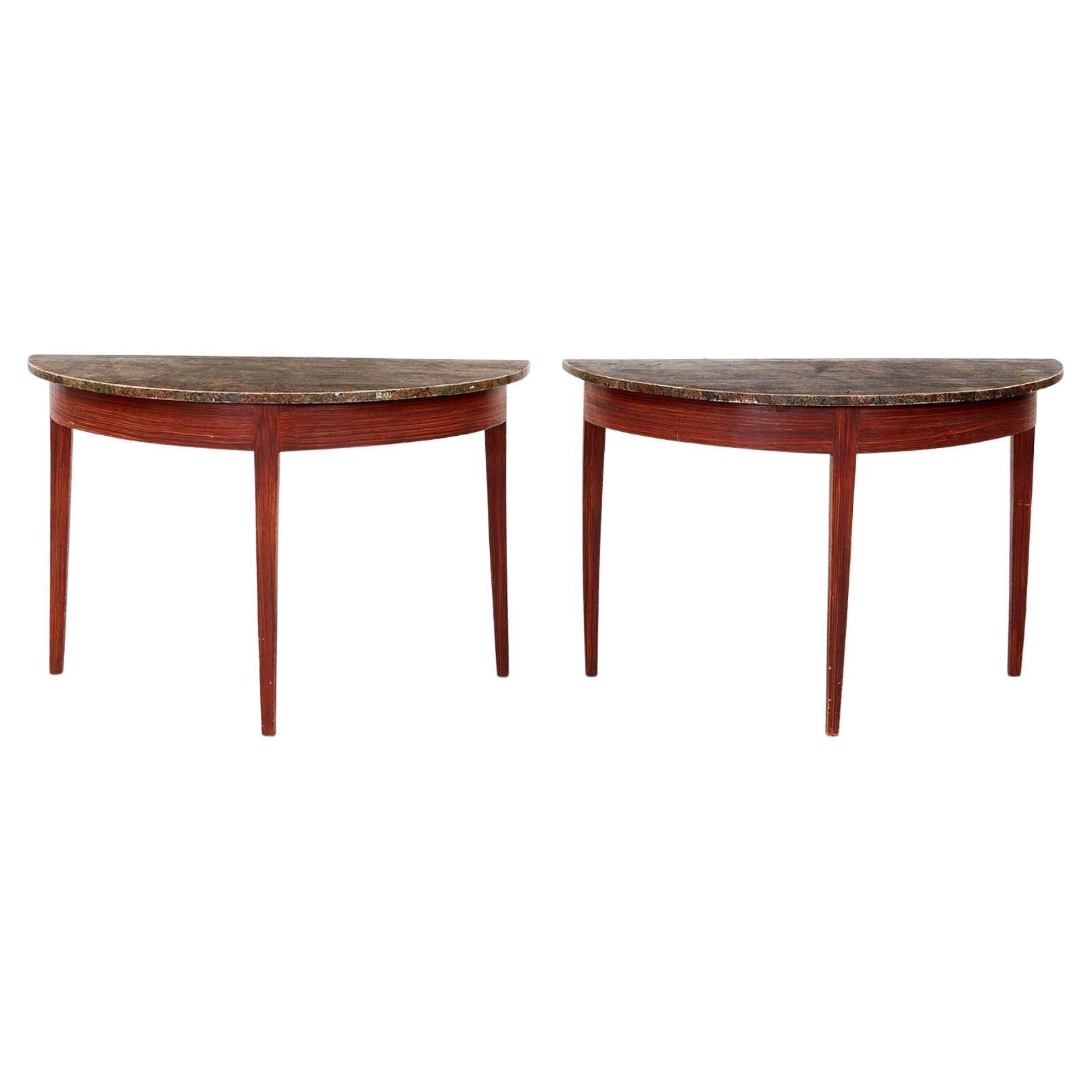 Pair of Faux Painted Swedish Demilune Tables For Sale
