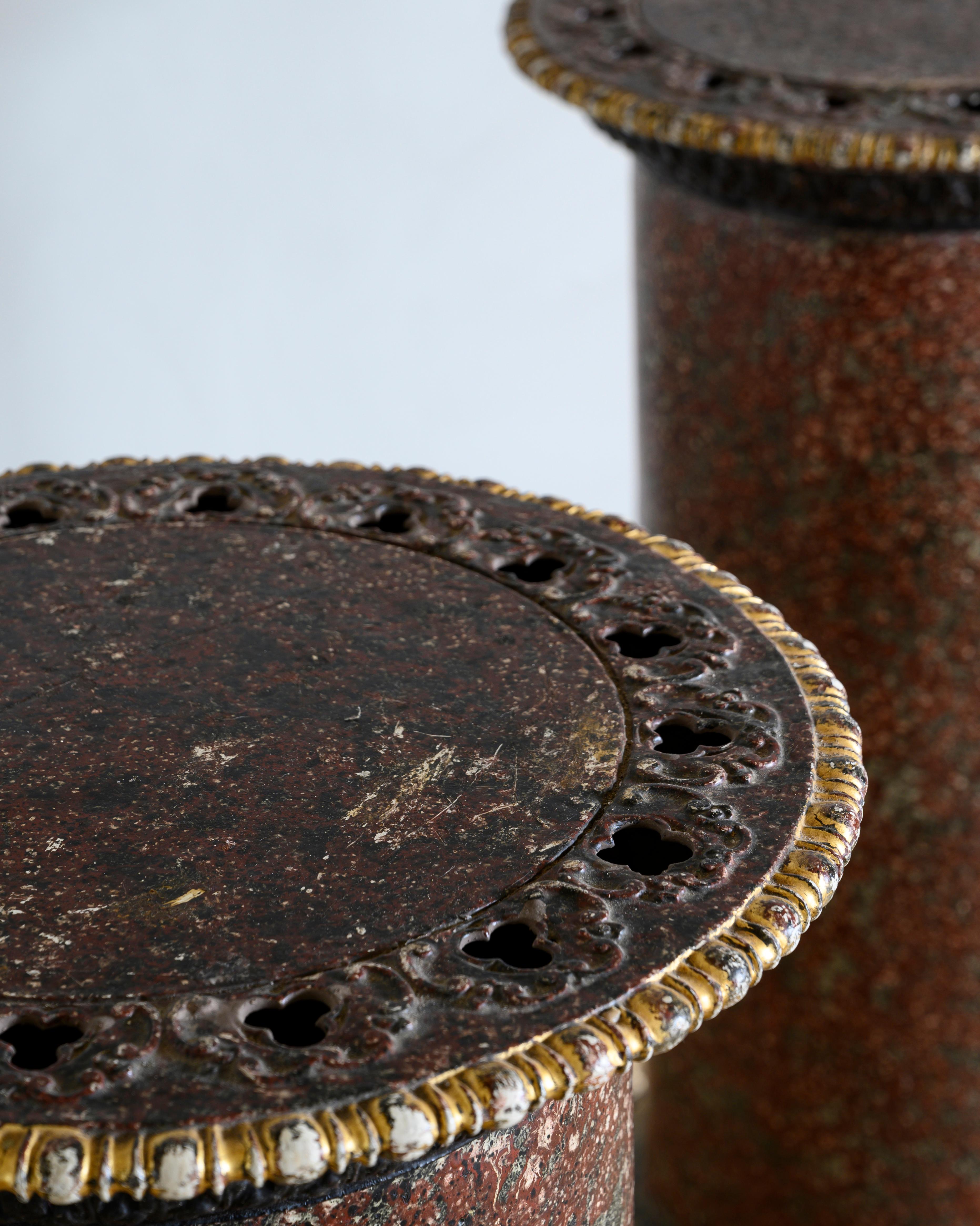 Hand-Painted Pair of Faux Porphyry and Parcel-Gilt Pedestals