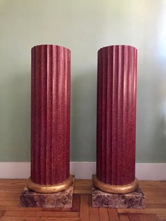 Pair of Faux Porphyry Columns/Pedestals Red with Gilt & Faux Marble Painted Base