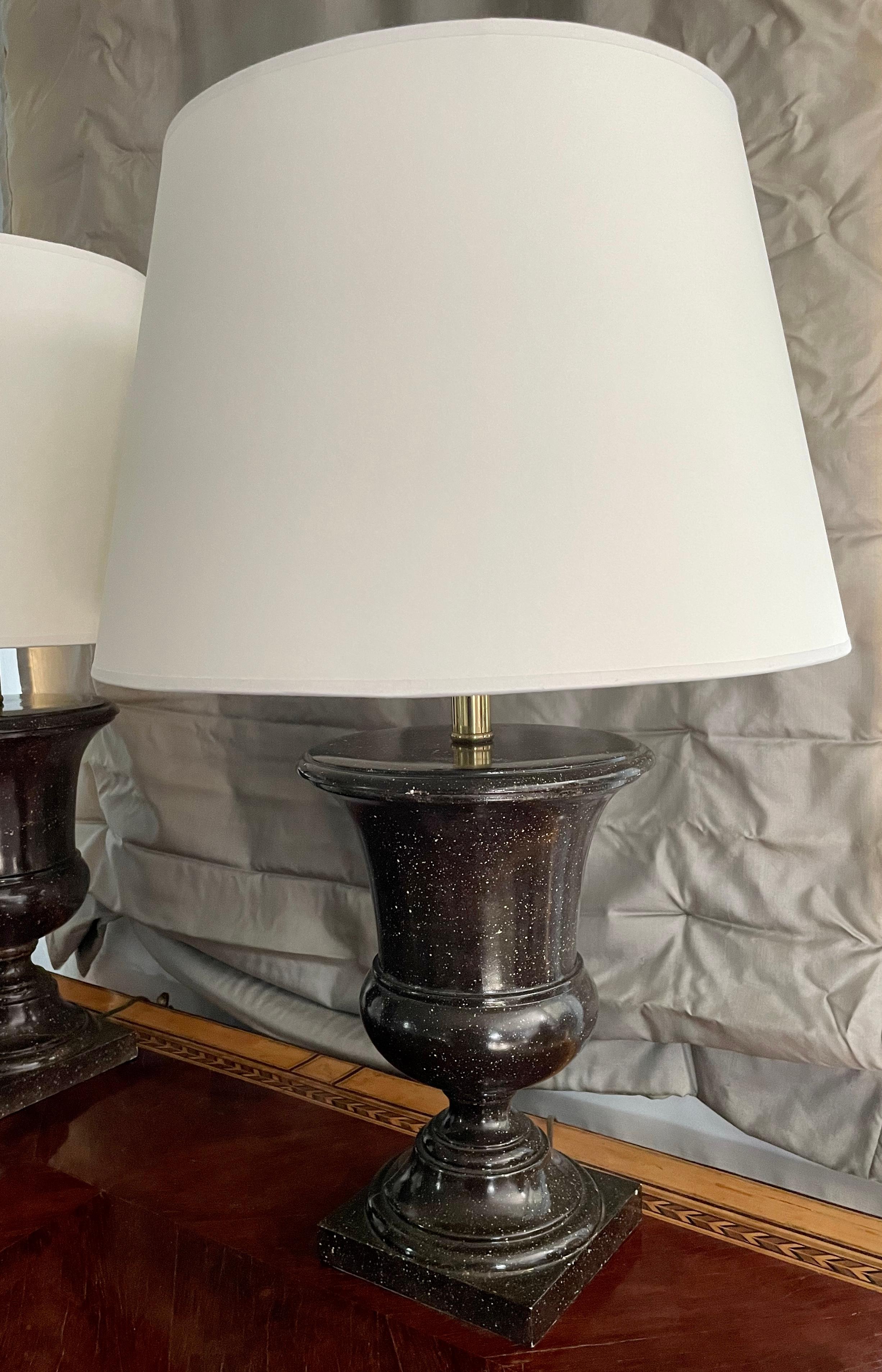 American Pair of Faux Porphyry Urn Form Lamps For Sale
