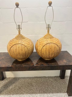 Pair of Faux Rattan or Bamboo Ceramic Lamps