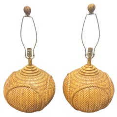 Pair of Faux Rattan or Bamboo Ceramic Lamps