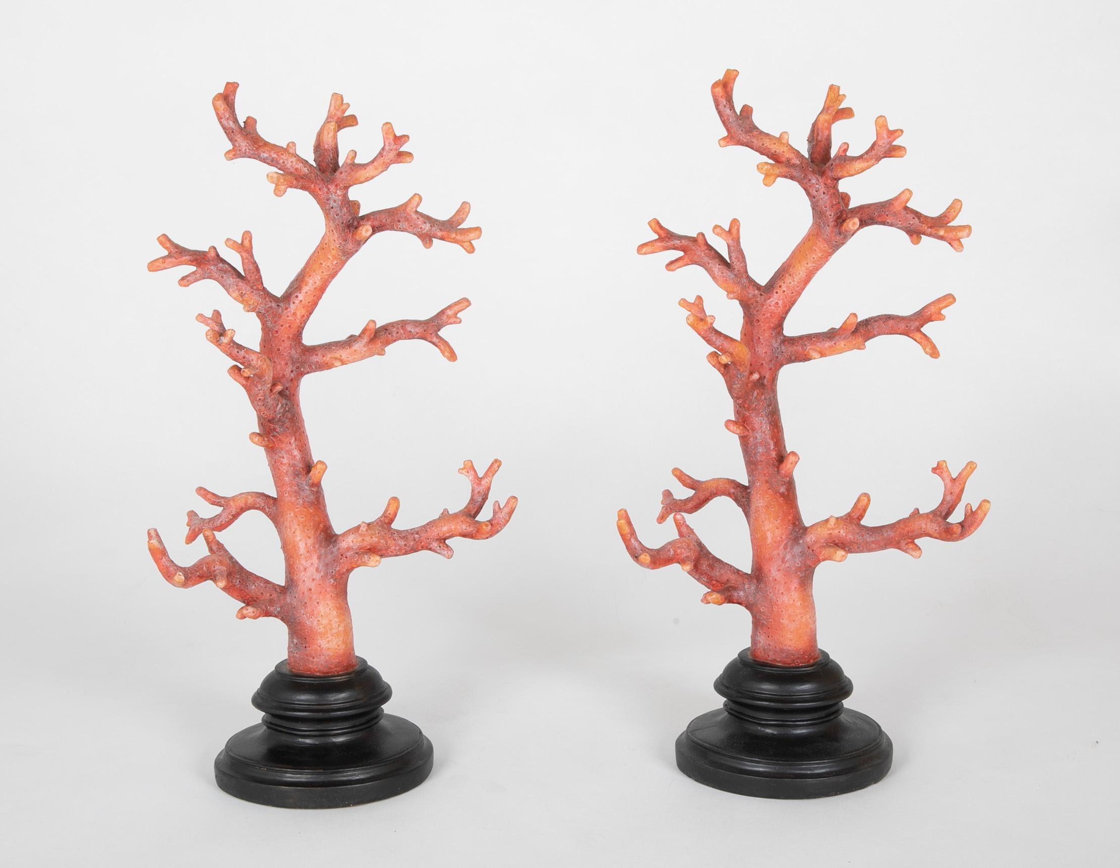 Wonderfully decorative pair of cast resin faux red coral branches on integral black oval bases. Save the endangered coral, buy these delightful replicas!
Great scale at 20 inches high by 10 wide, these are great on a mantelpiece, mid-20th century.