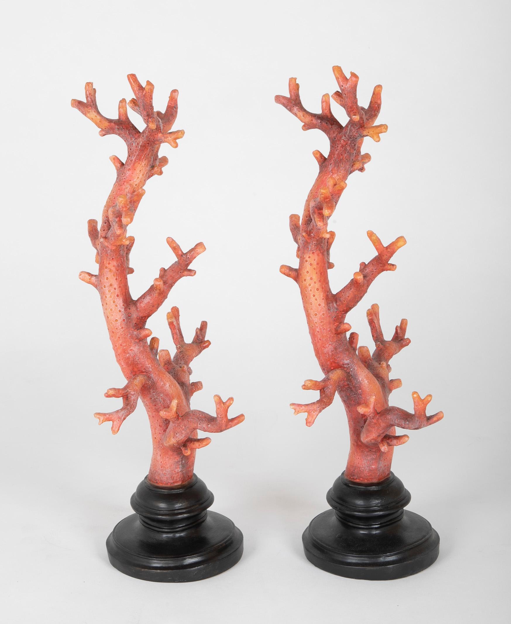 Hollywood Regency Pair of Faux Red Corals on Black Bases