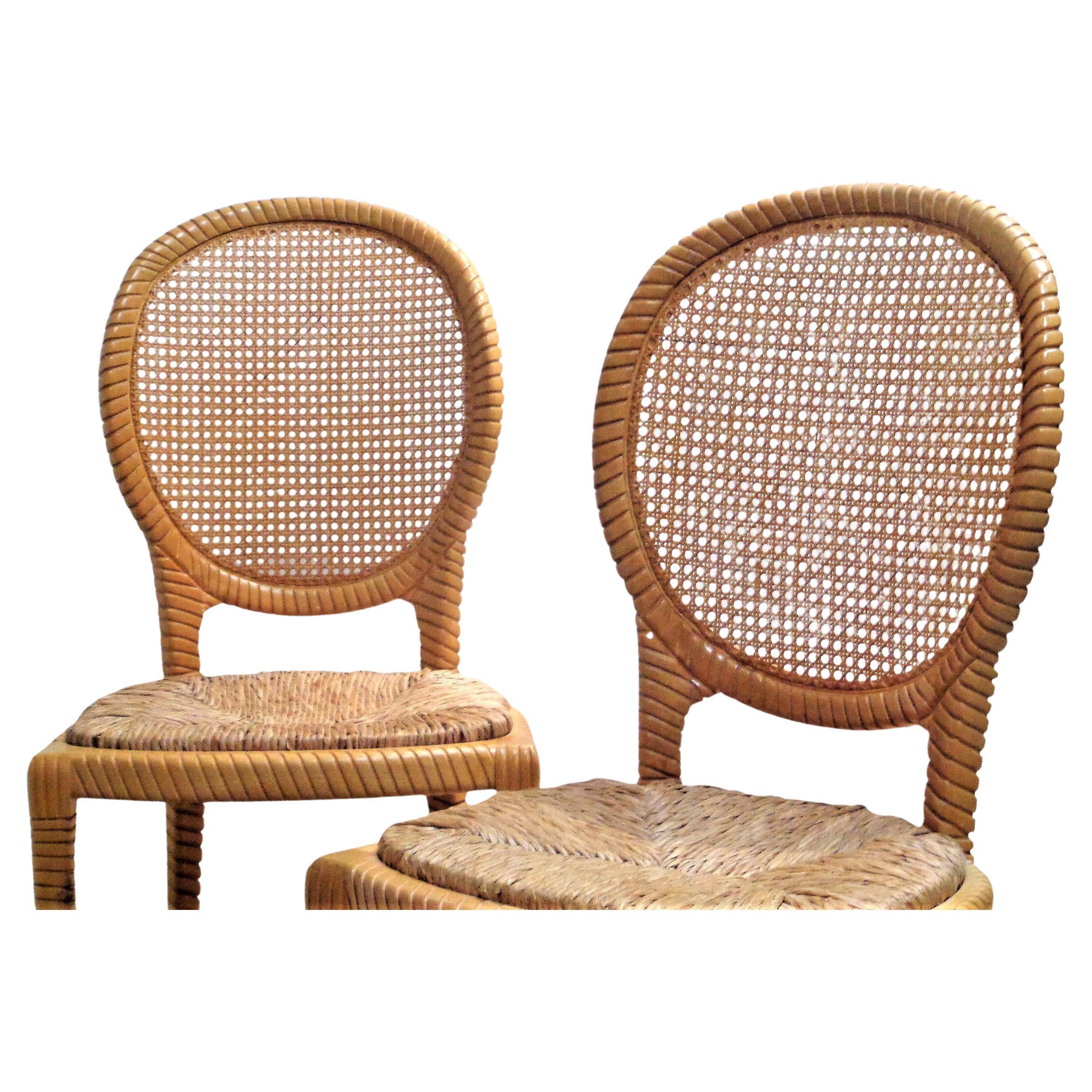 In the style of Casa Stradivari, a pair of faux rope side chairs, dining chairs with carved hard wood frames ( either beech / maple ) cane backs and woven natural palm seats in overall beautiful glowing vintage condition. Look at all pictures and