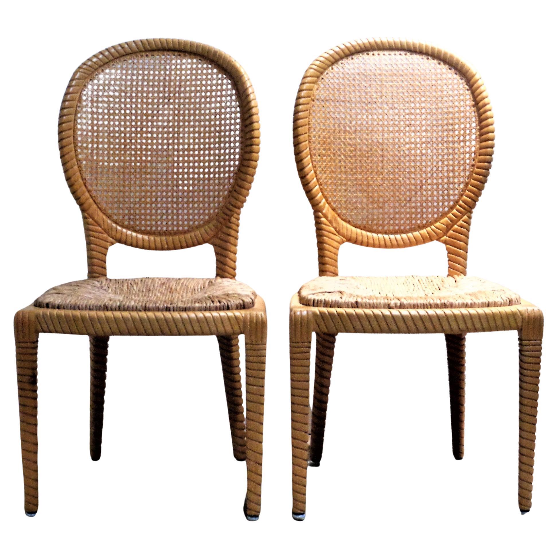 Hollywood Regency Pair of Faux Rope Carved Wood Chairs For Sale