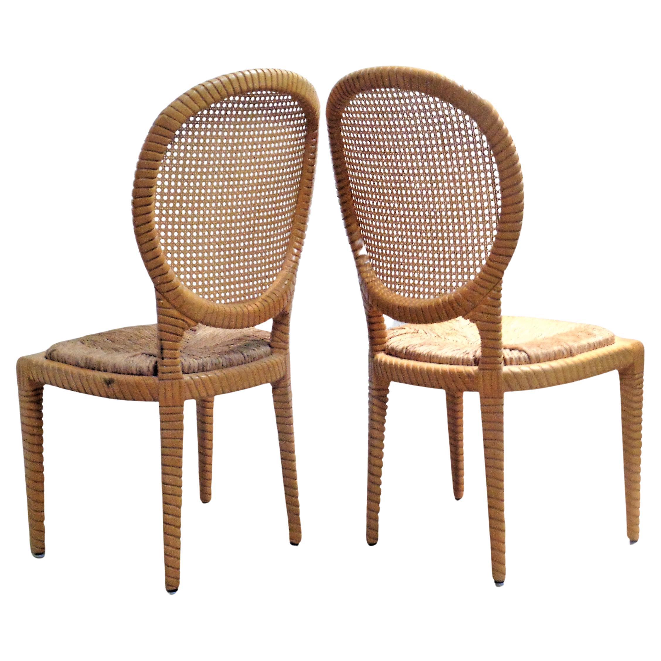 Cane Pair of Faux Rope Carved Wood Chairs For Sale