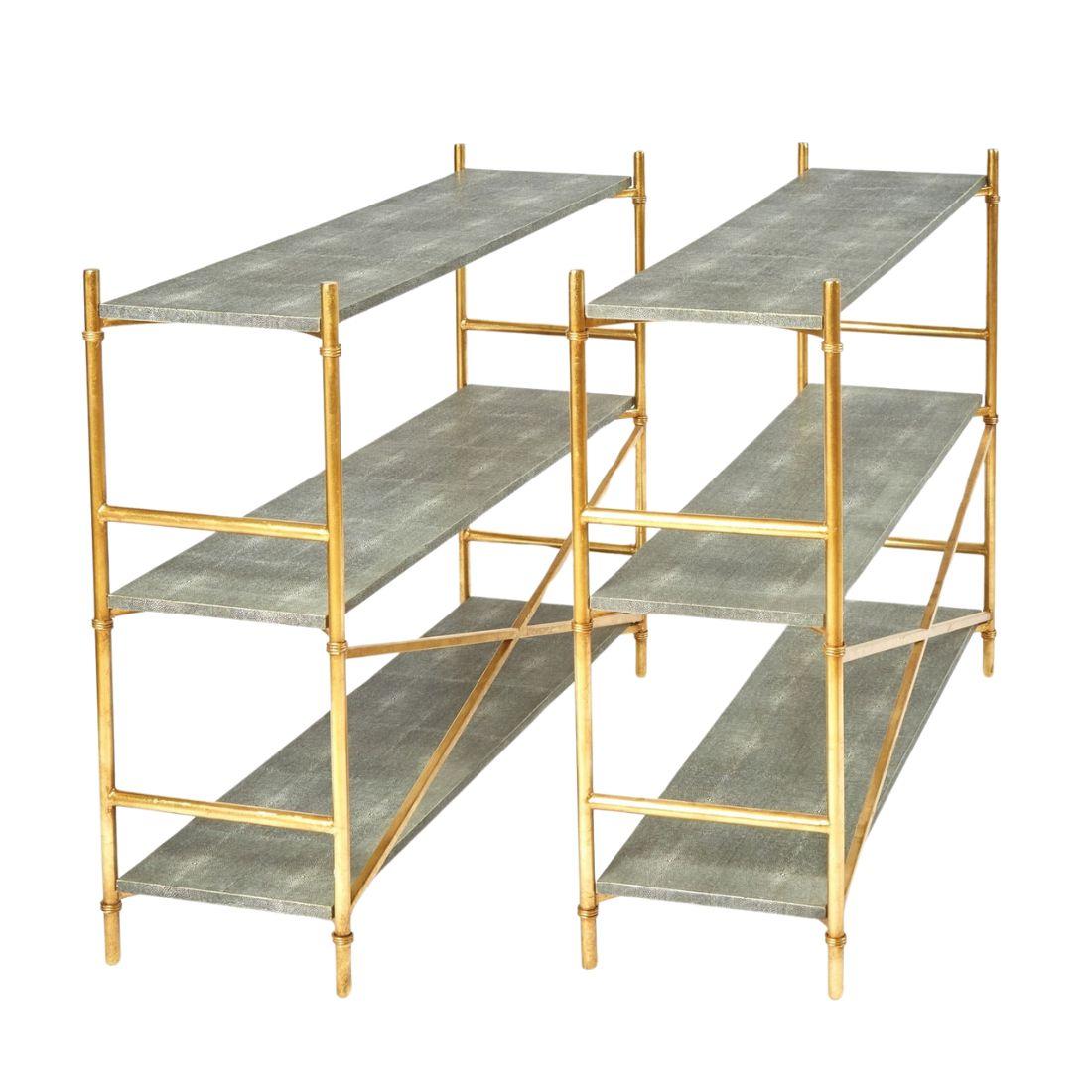 Mid-Century Modern Pair of Faux Shagreen 3 Tier Gilt Metal Etageres For Sale