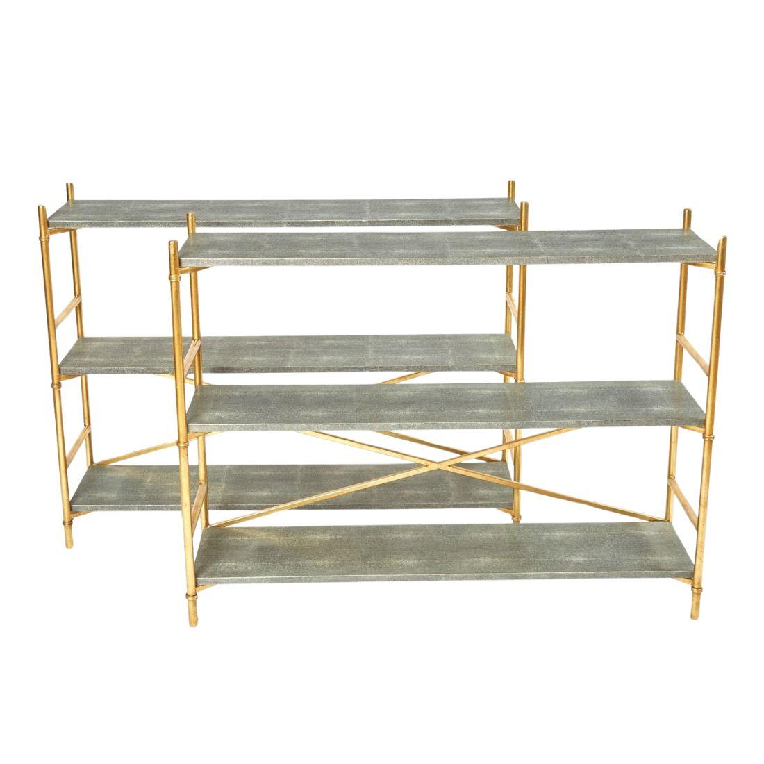 American Pair of Faux Shagreen 3 Tier Gilt Metal Etageres For Sale