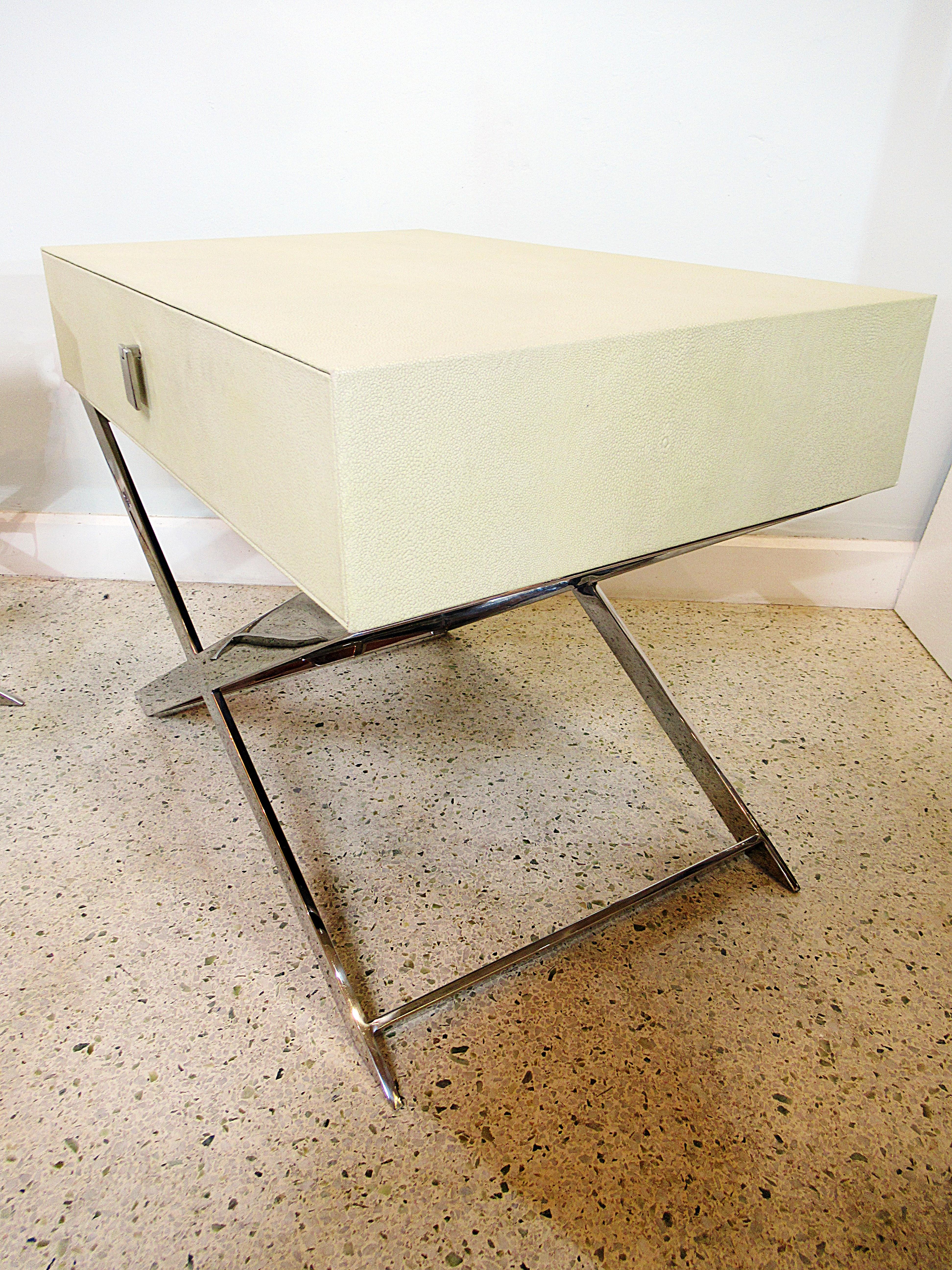 Pair of Faux Shagreen & Chrome Bedside or Side Tables in Jean Michel Frank Style 2