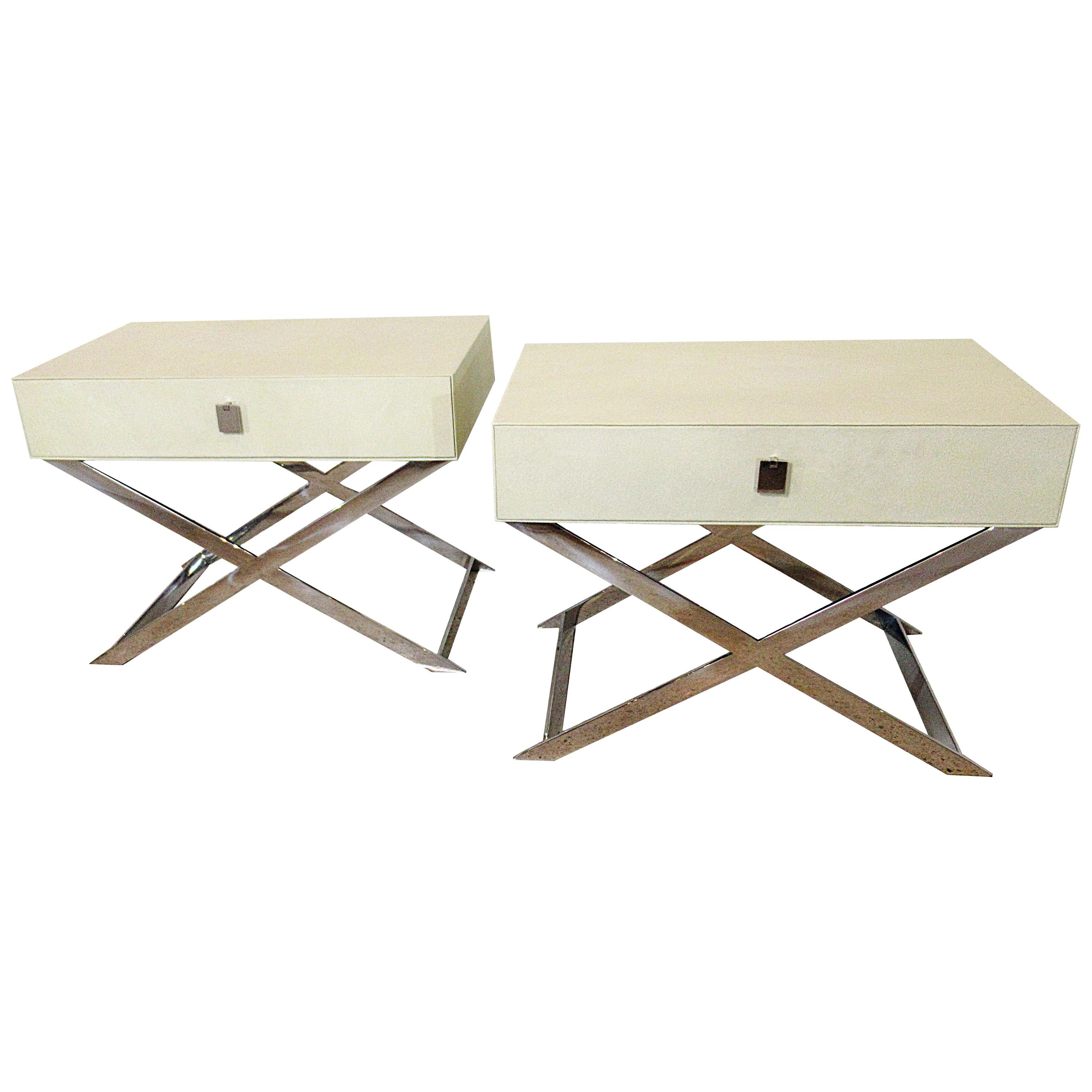 Pair of Faux Shagreen & Chrome Bedside or Side Tables in Jean Michel Frank Style