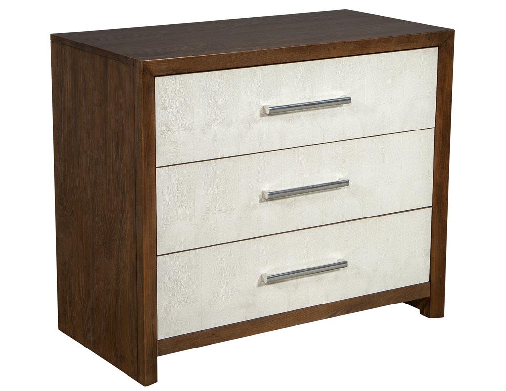 Pair of faux shagreen faced oak chest of drawers by Hickory White. Featuring beautiful off white faux shagreen drawer fronts and nickel hardware.