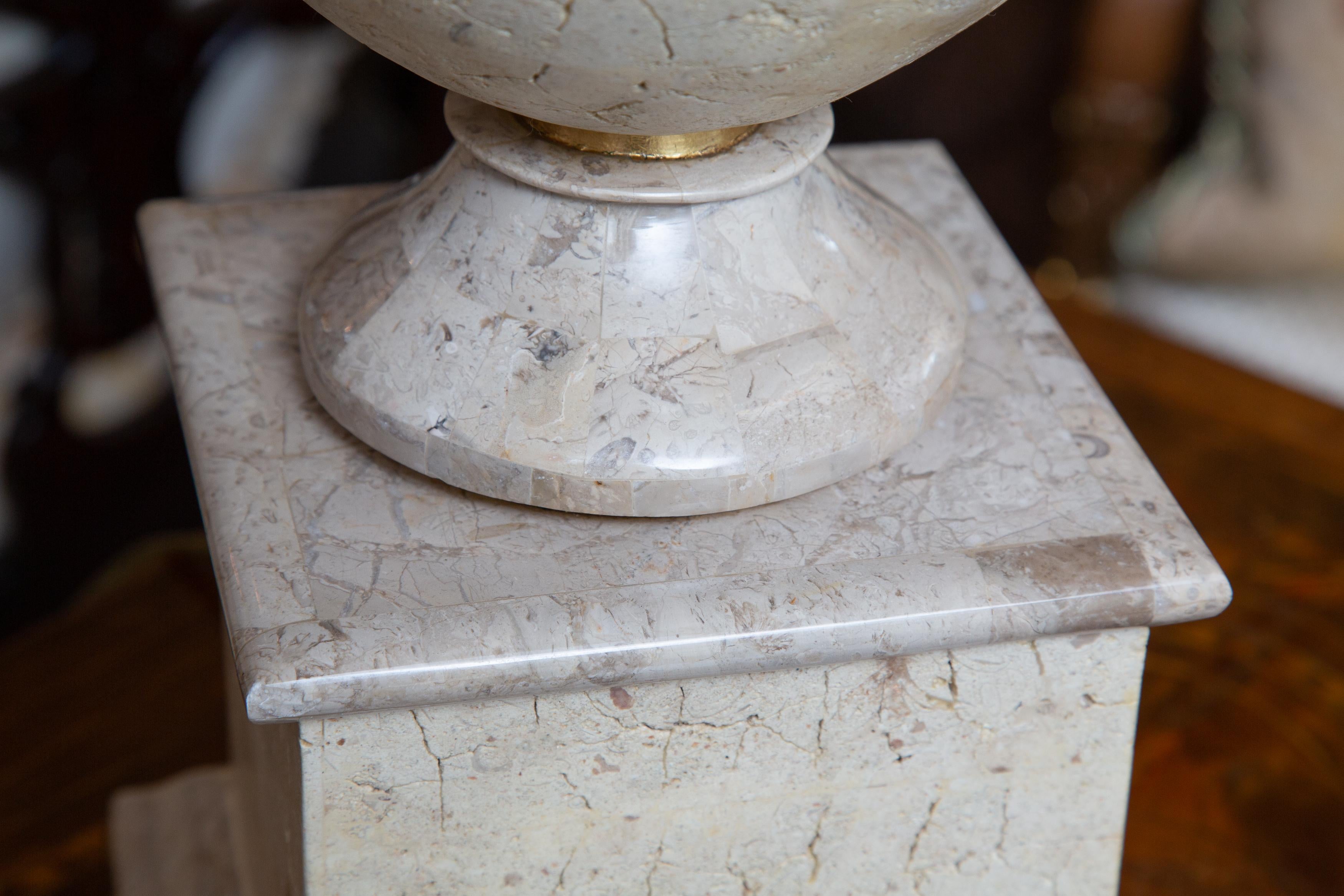 Hand-Crafted Pair of Faux Stone Urn Form Table Lamps with Custom Shades