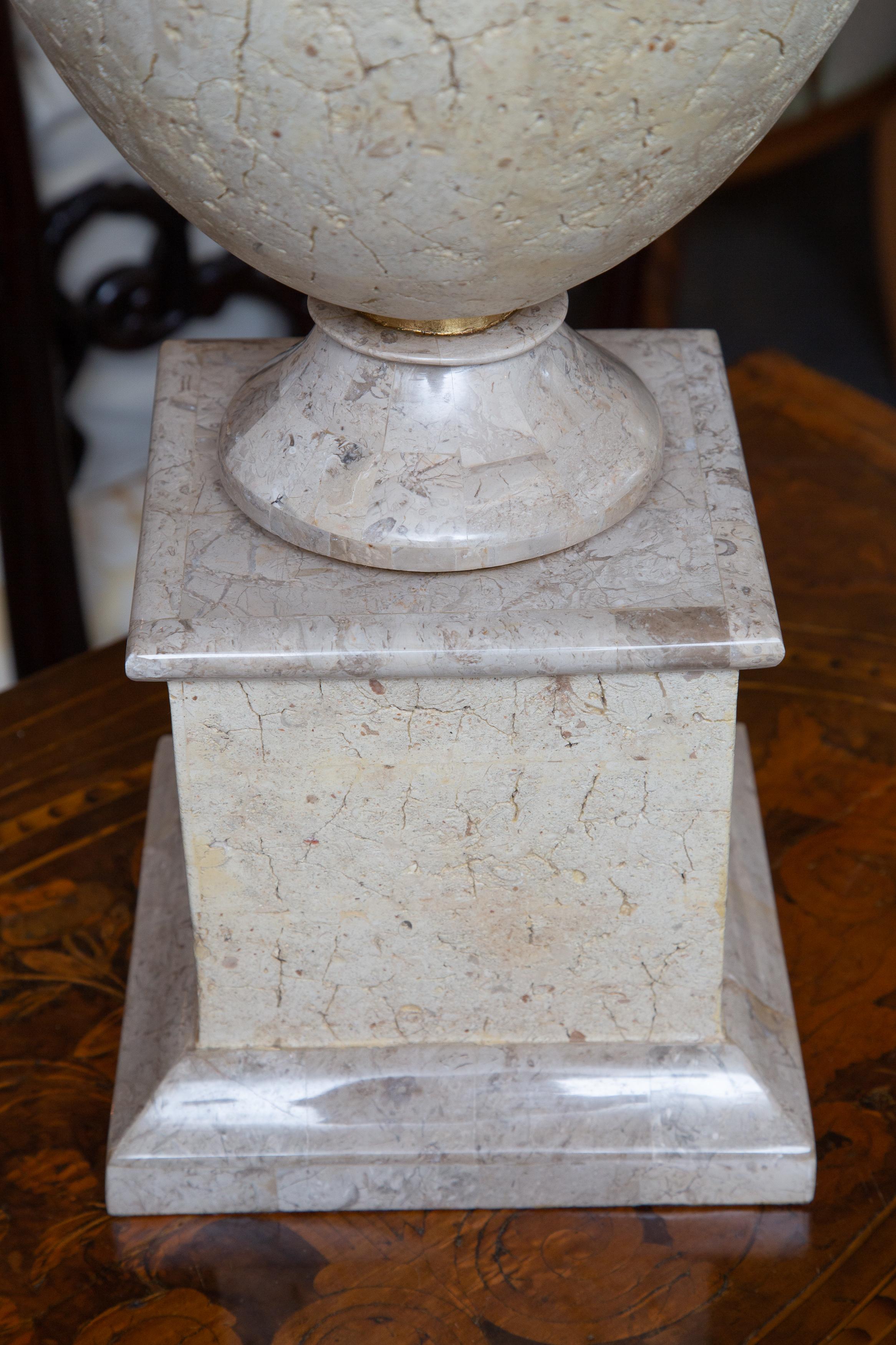 Pair of Faux Stone Urn Form Table Lamps with Custom Shades In Good Condition In WEST PALM BEACH, FL