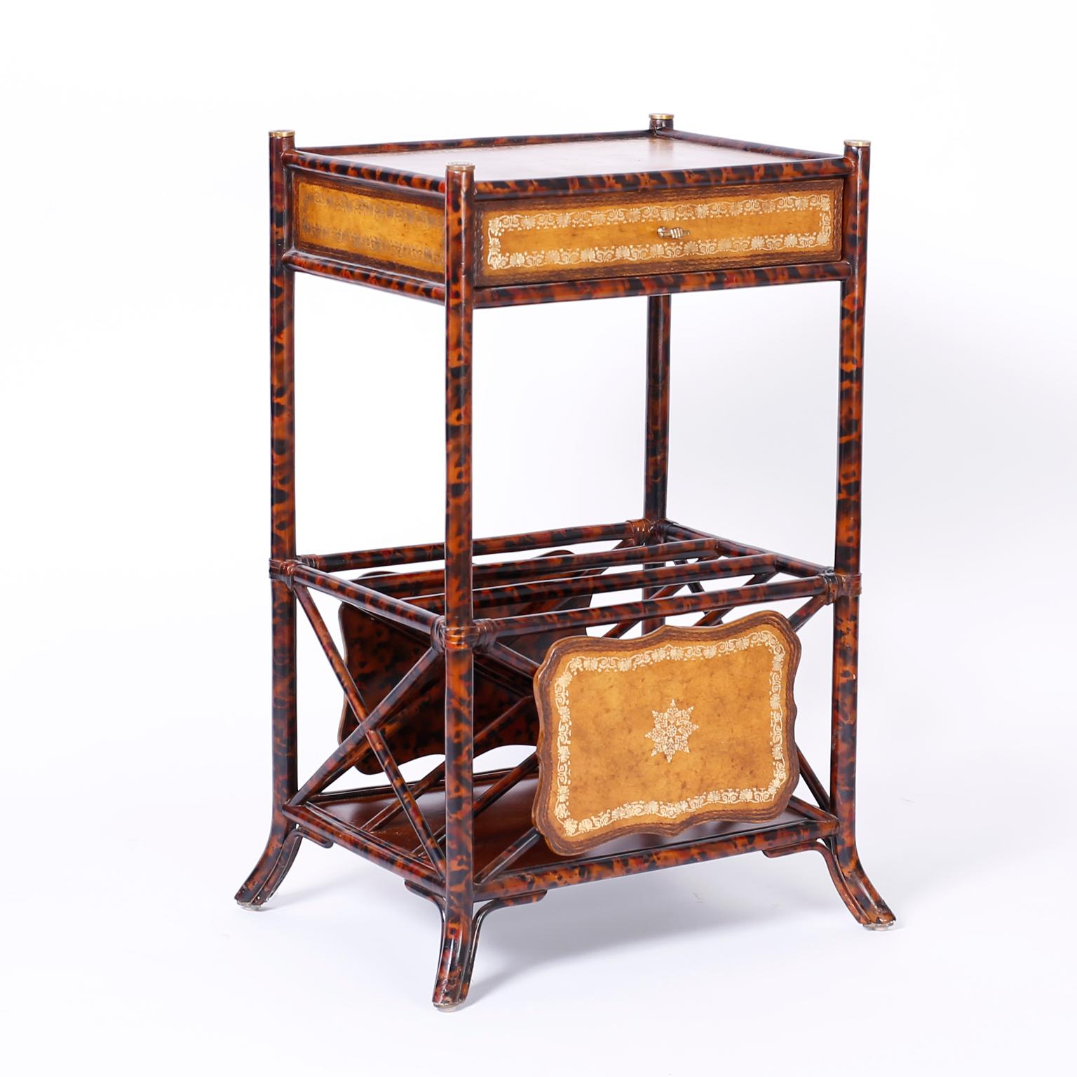 British Colonial Pair of Faux Tortoise Bamboo Stands with Magazine Racks For Sale