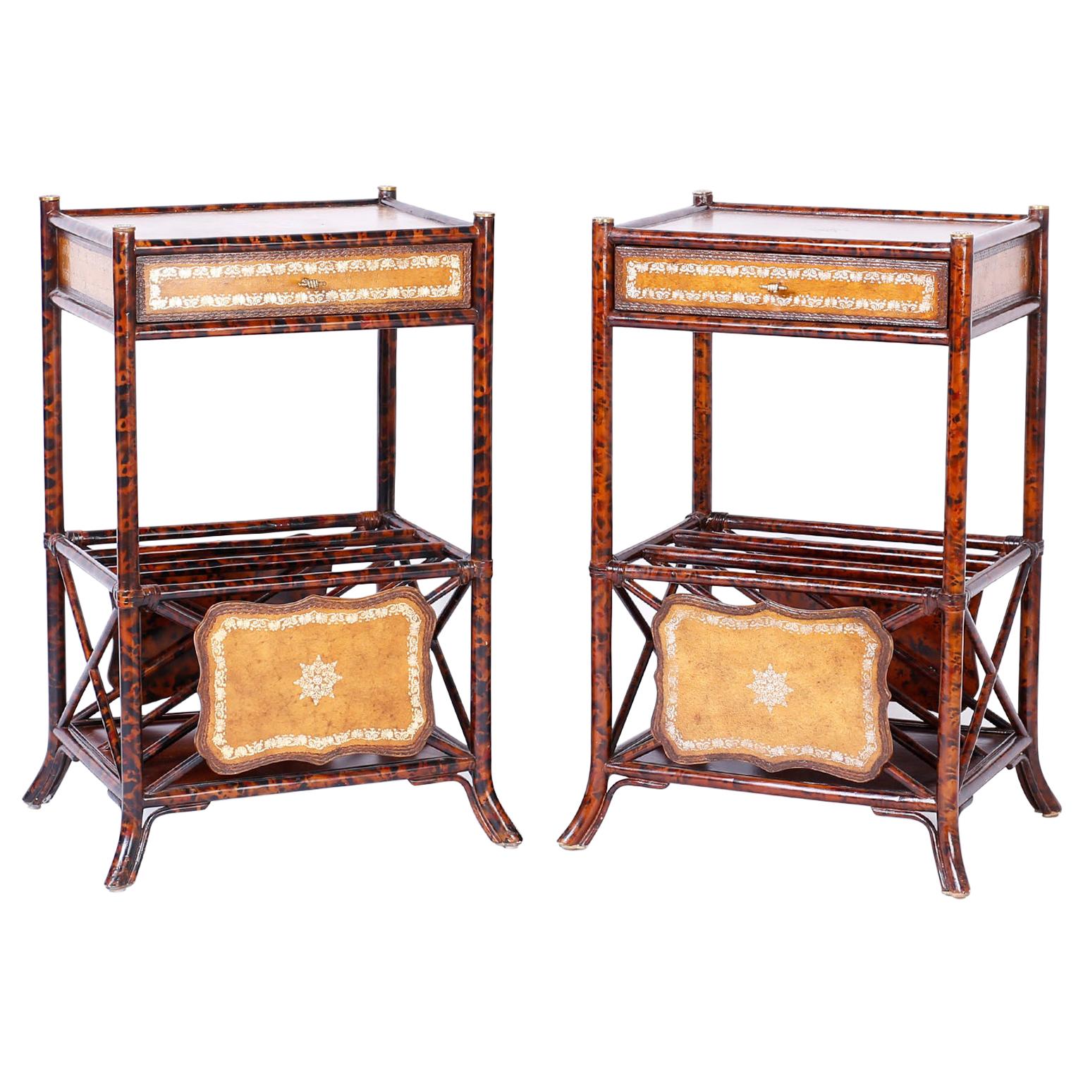 Pair of Faux Tortoise Bamboo Stands with Magazine Racks