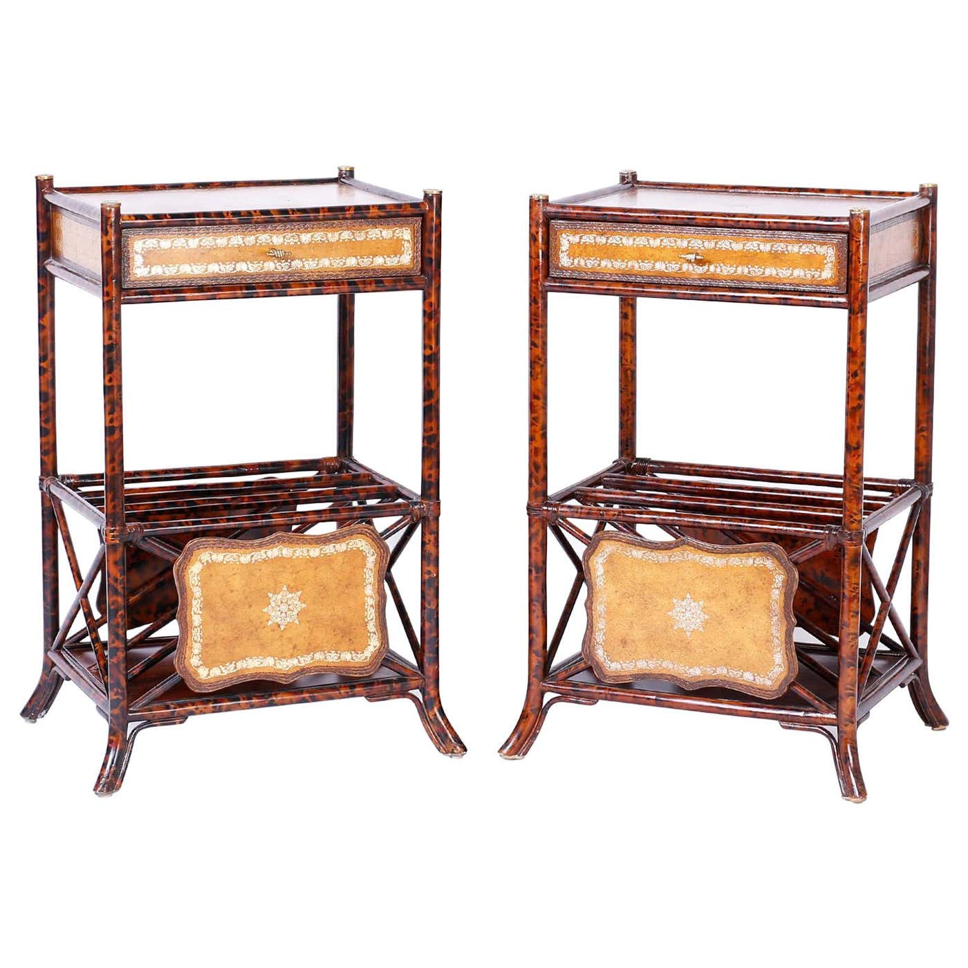 Pair of Faux Tortoise Bamboo Stands with Magazine Racks For Sale at 1stDibs