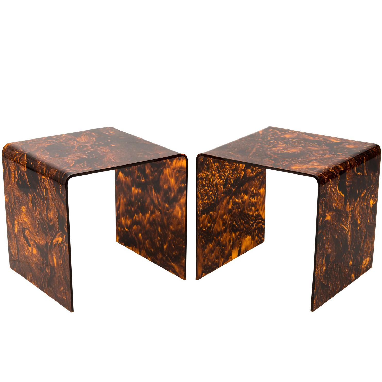 Pair of Faux Tortoise Lucite Side Tables, circa 1970