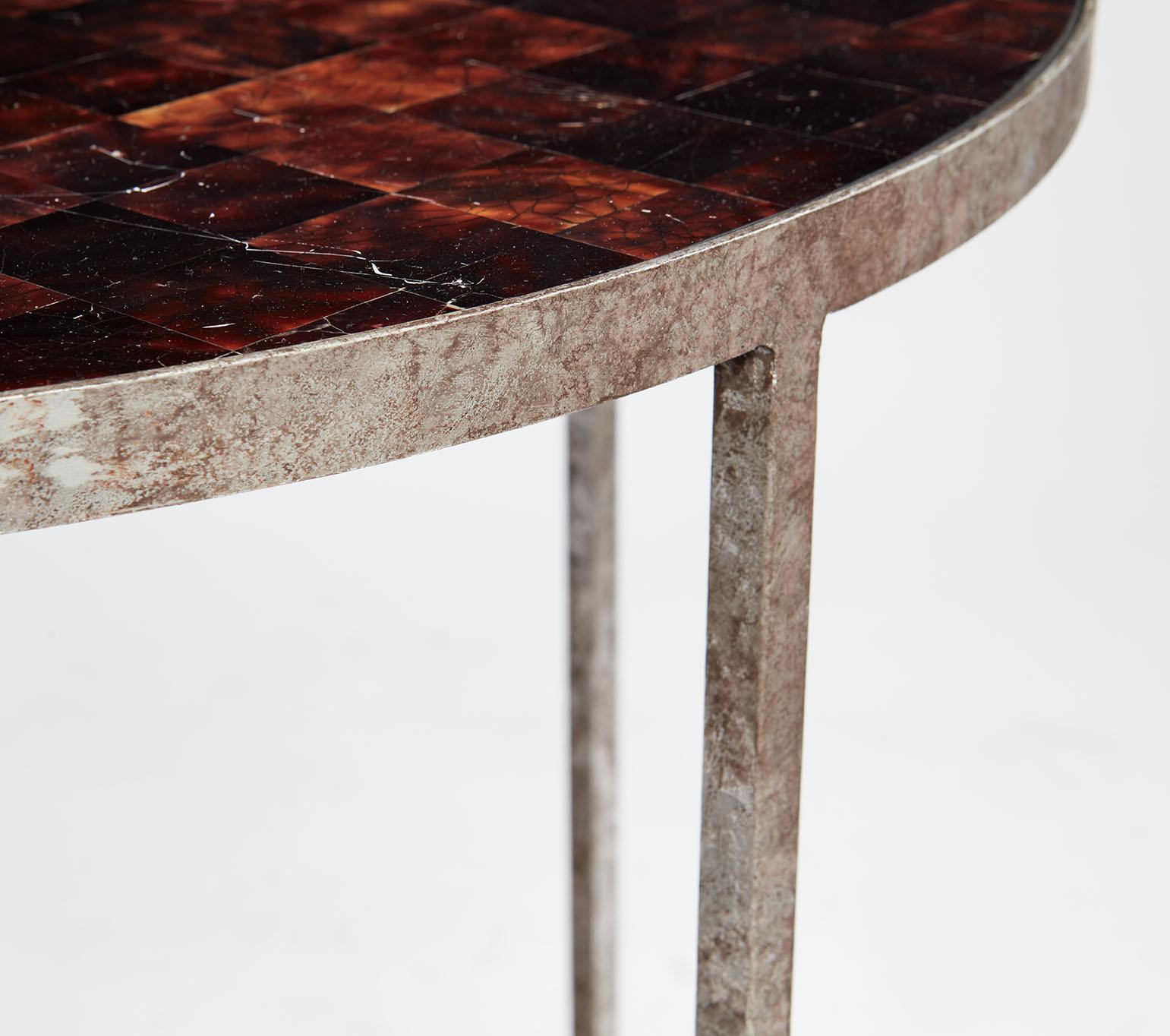 Faux Bois Pair of Faux Tortoise Shell Gilt Steel Tables For Sale