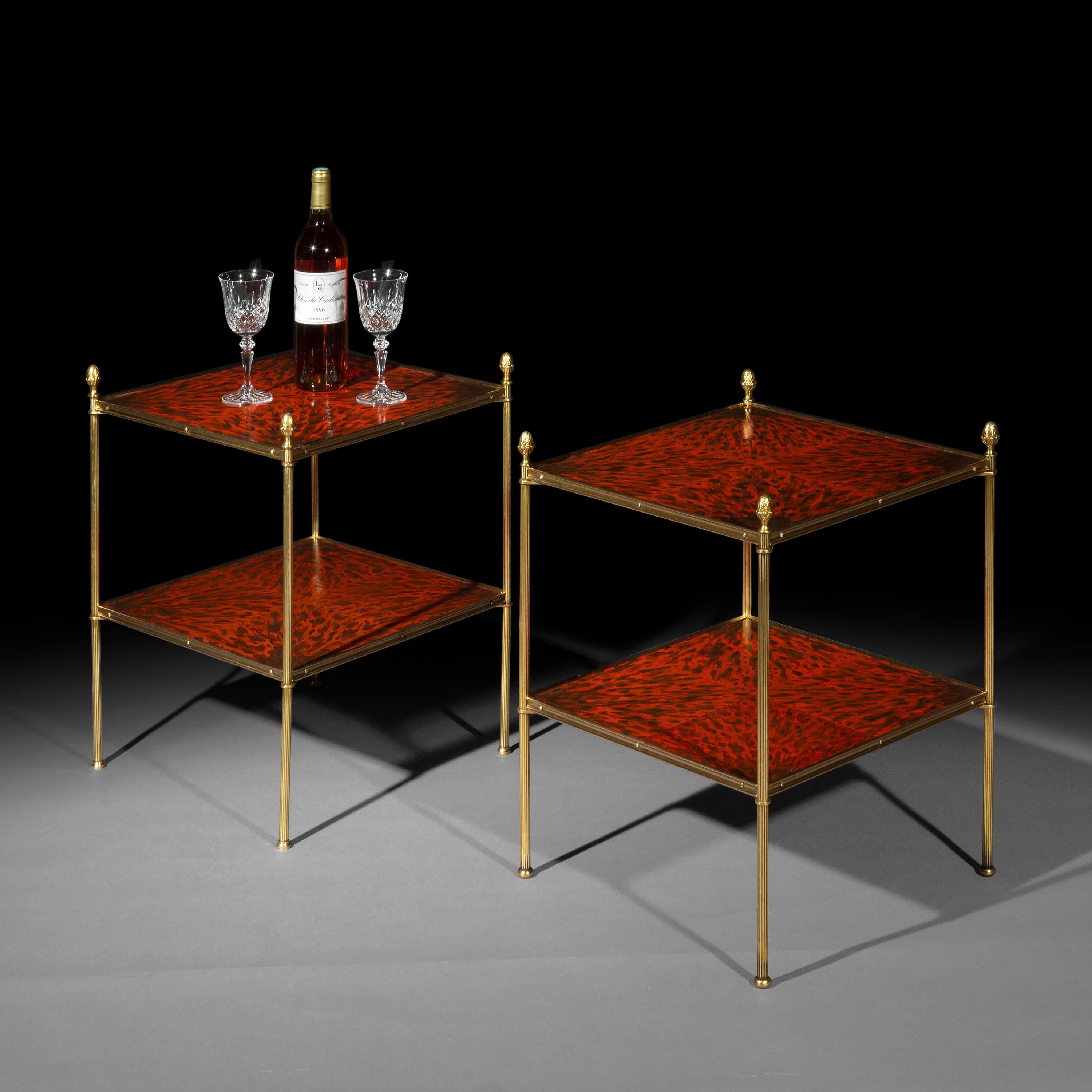 Hand-Painted Pair of Faux Tortoiseshell Brass Tables or Etageres of Maison Jansen Style