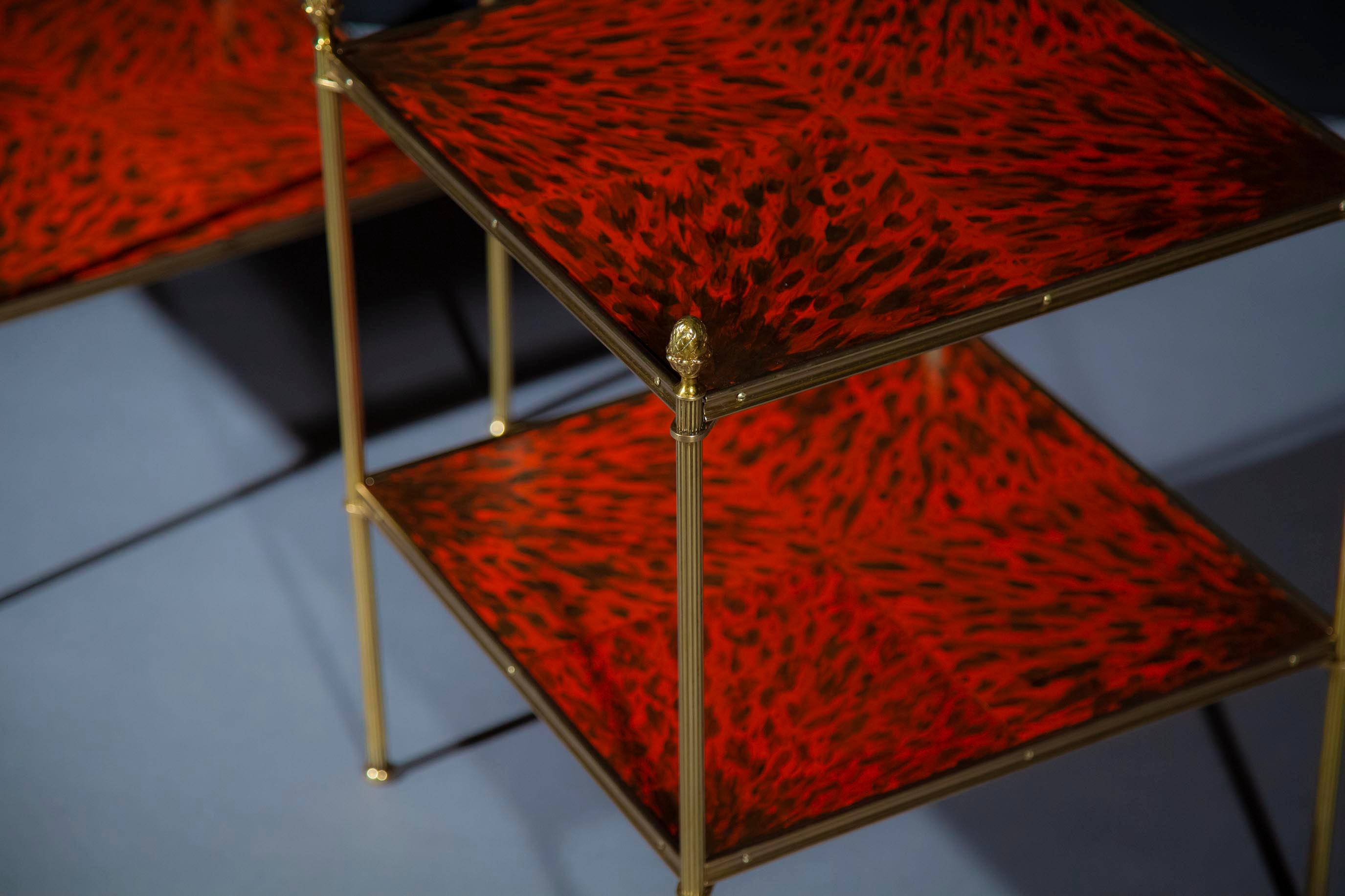 Pair of Faux Tortoiseshell Brass Tables or Etageres of Maison Jansen Style In Good Condition In London, GB
