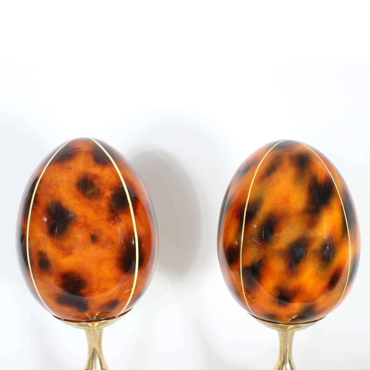 American Pair of Faux Tortoiseshell Eggs on Turned Brass Stands For Sale