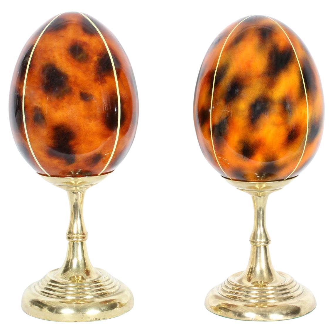 Pair of Faux Tortoiseshell Eggs on Turned Brass Stands For Sale