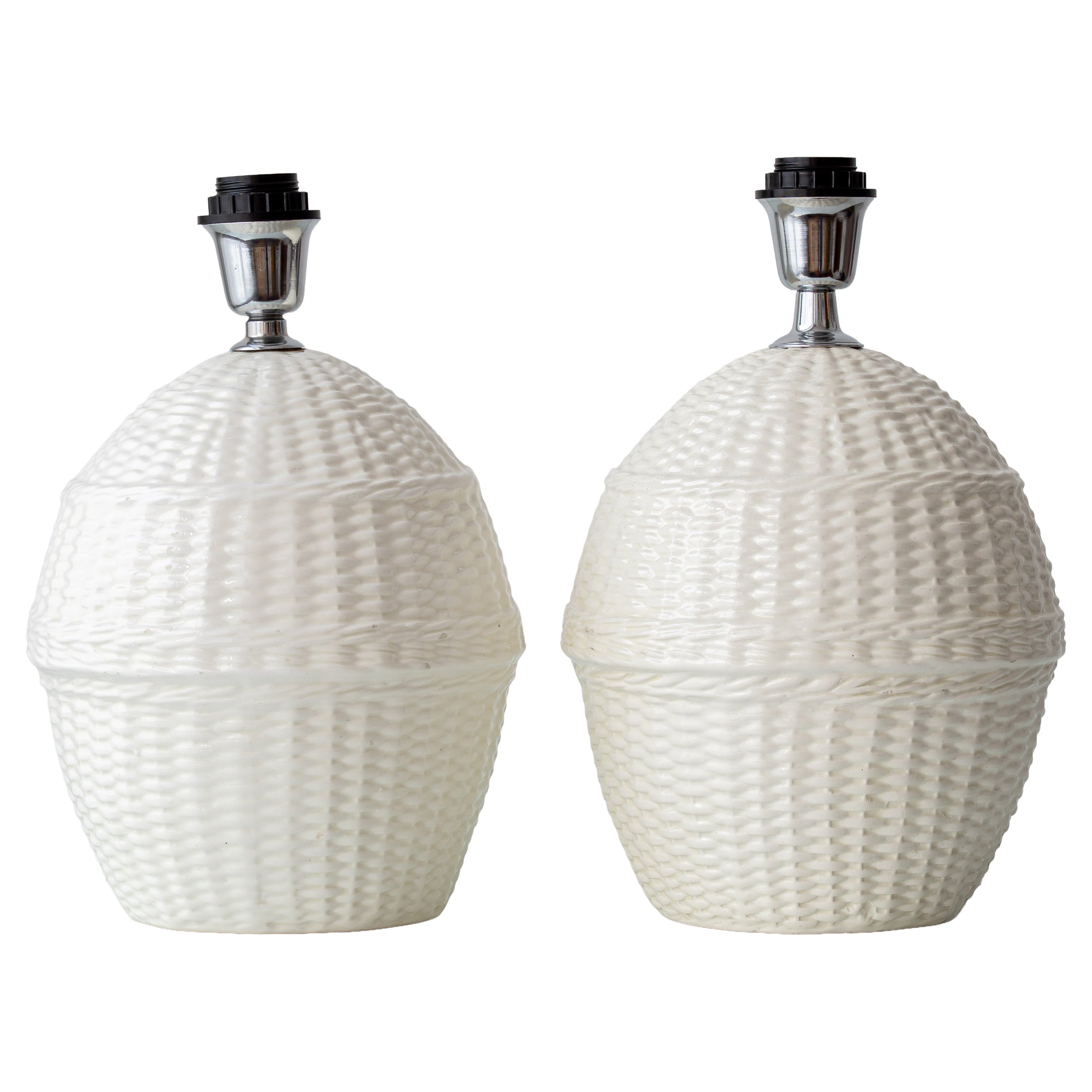 Pair of Faux Wicker Ceramic White Table Lamps, Coastal Spanish Design, 1970s For Sale