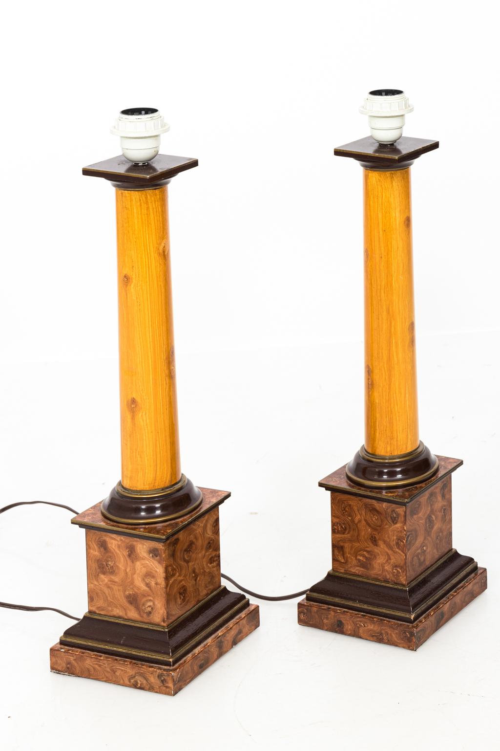 Tôle Pair of Faux Wood Column Lamps, circa 1990s