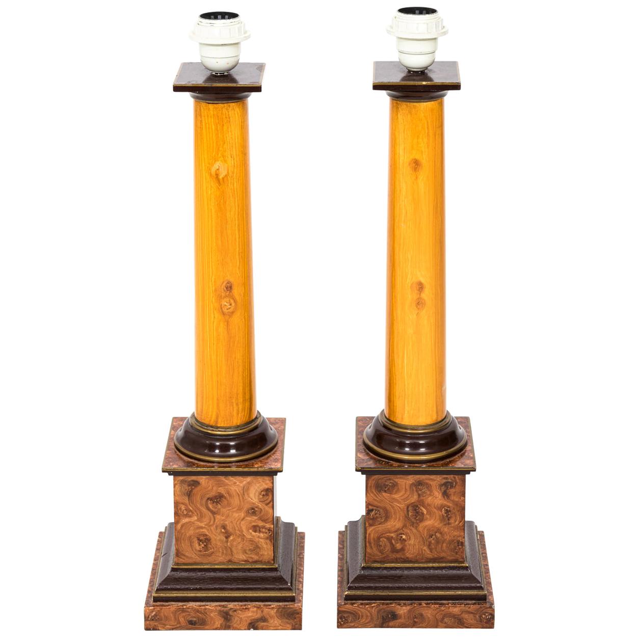 Pair of Faux Wood Column Lamps, circa 1990s