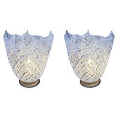 Vintage Pair of "Fazzoletto" Murano Ruffled Glass Table Lamps by La Murrina