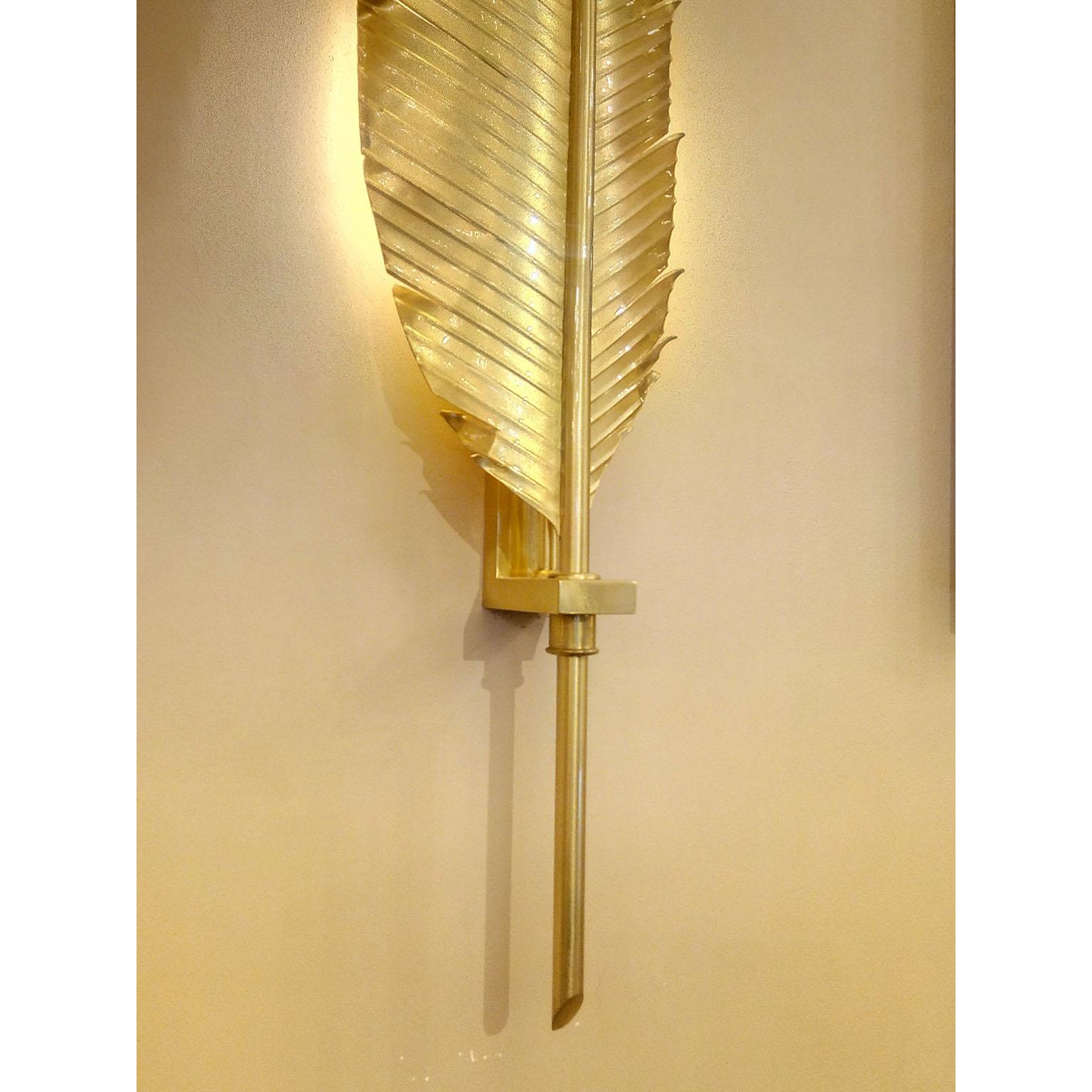 European Pair of Feather Brass Sconces in the Manner of Maison Jansen For Sale