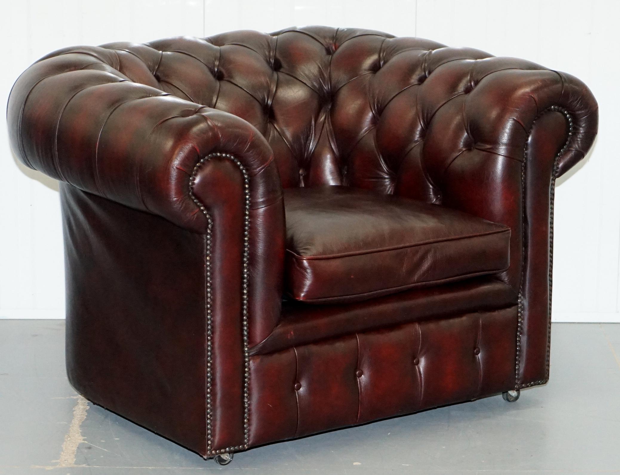 Pair of Feather Filled Cushion Chesterfield Oxblood Leather Club Armchairs 7